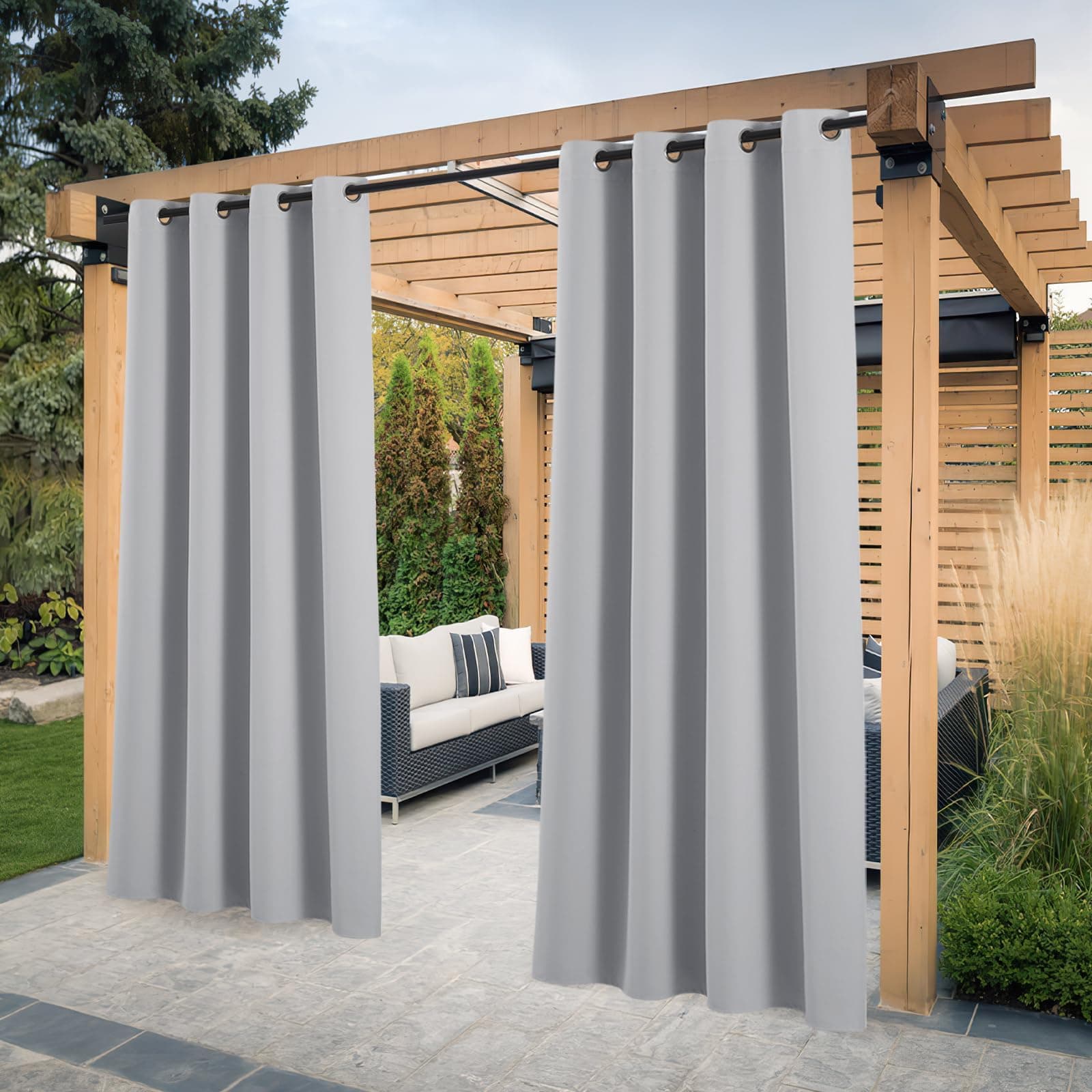 PONY DANCE Cortina para Exterior Impermeable con Ojales Cortinas Opacas para Pergolas de Jardin Cortinas de Exterior con Protección UV para Balcones/Terrazas, 2 Piezas, 132x213 cm, Gris Claro