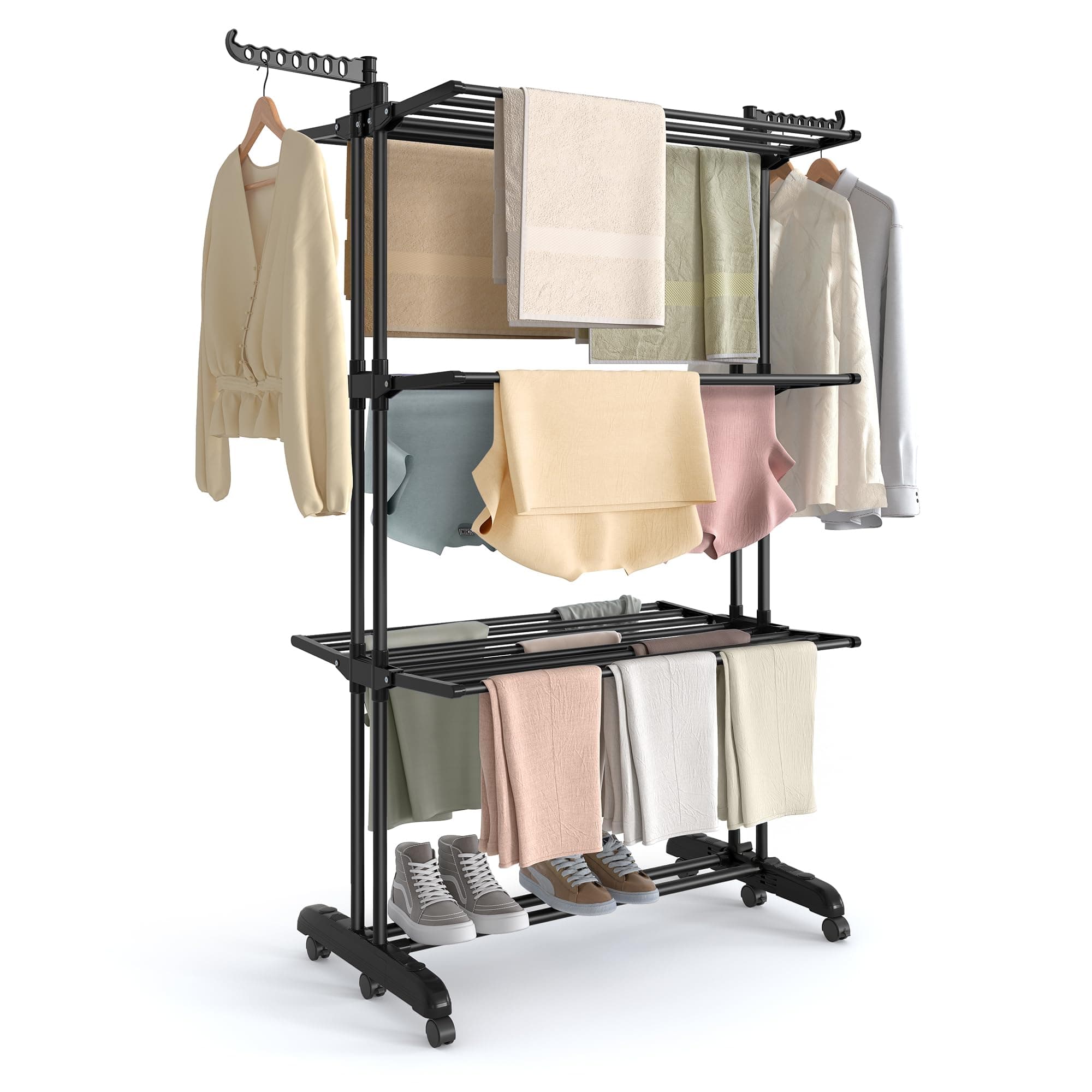 SONGMICS Wäscheständer, Standtrockner 4 Ebenen, Flügelwäscheständer, klappbare Flügel, mit Rollen, 63,5 x 125,5 x 173 cm, groß, einfacher Aufbau, tintenschwarz LLR703BZ02