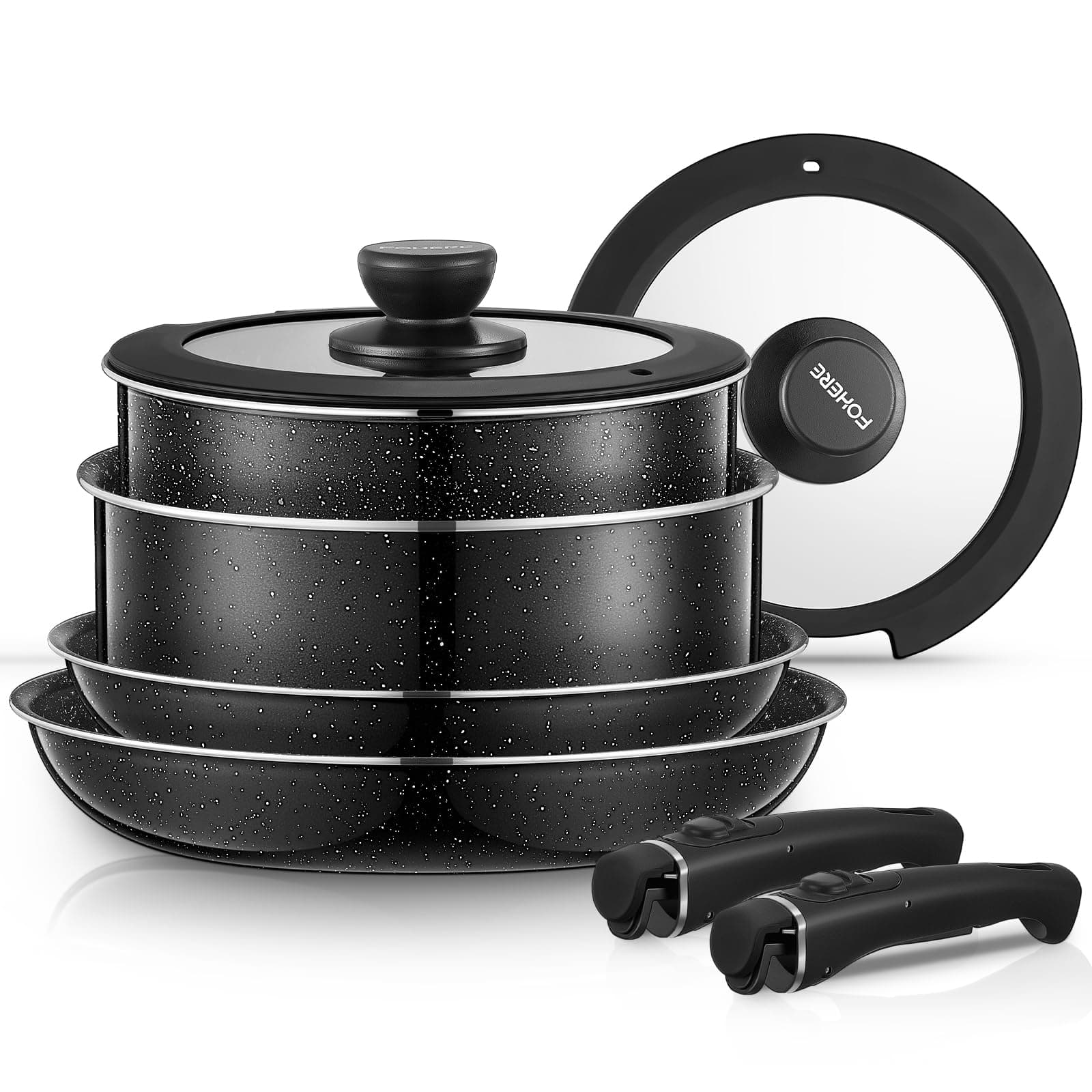 FOHERE Set Poele et Casserole Induction 8 Pièces avec 2 Poignées Amovibles et 2 Couvercle, Poêles 20/28 cm, Casserole 16/20 cm, Tous Feux Dont Induction, Revêtement Antiadhésif, Aluminium