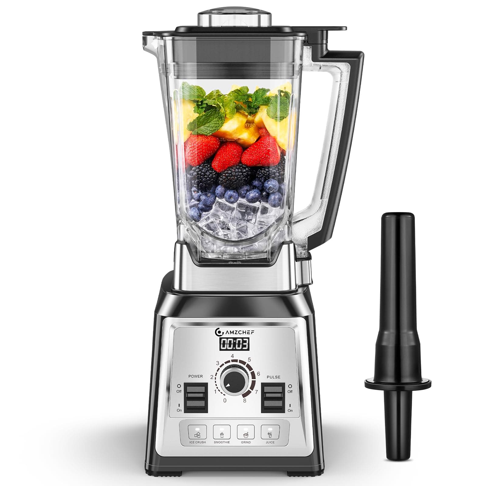 AMZCHEF Blender Professionnel, 2000W Blender Smoothie avec 8 Lames 3D en Acier Inoxydable, 2L Mixeur Blender Sans BPA - 25000 tr/min - 4 Fonctions Électroniques Prédéfinis - Régulateur à 8 Vitesses