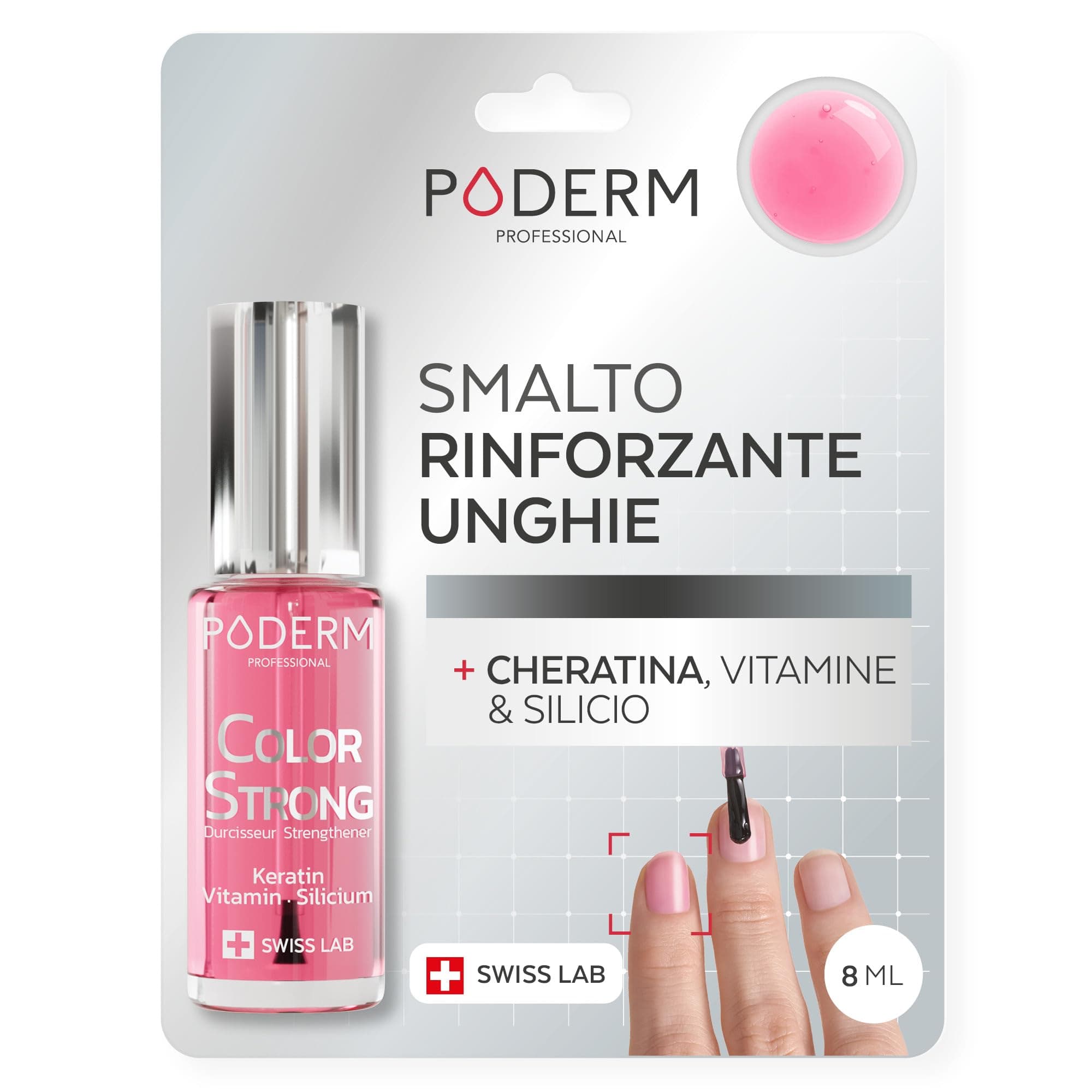 PODERM - Smalto rinforzante unghie BIOTINA SILICIO KERATINA - Rinforza e ripara le unghie danneggiate, indebolite o fragili dal semipermanente o dall'invecchiamento - Mani e Piedi - SWISS MADE