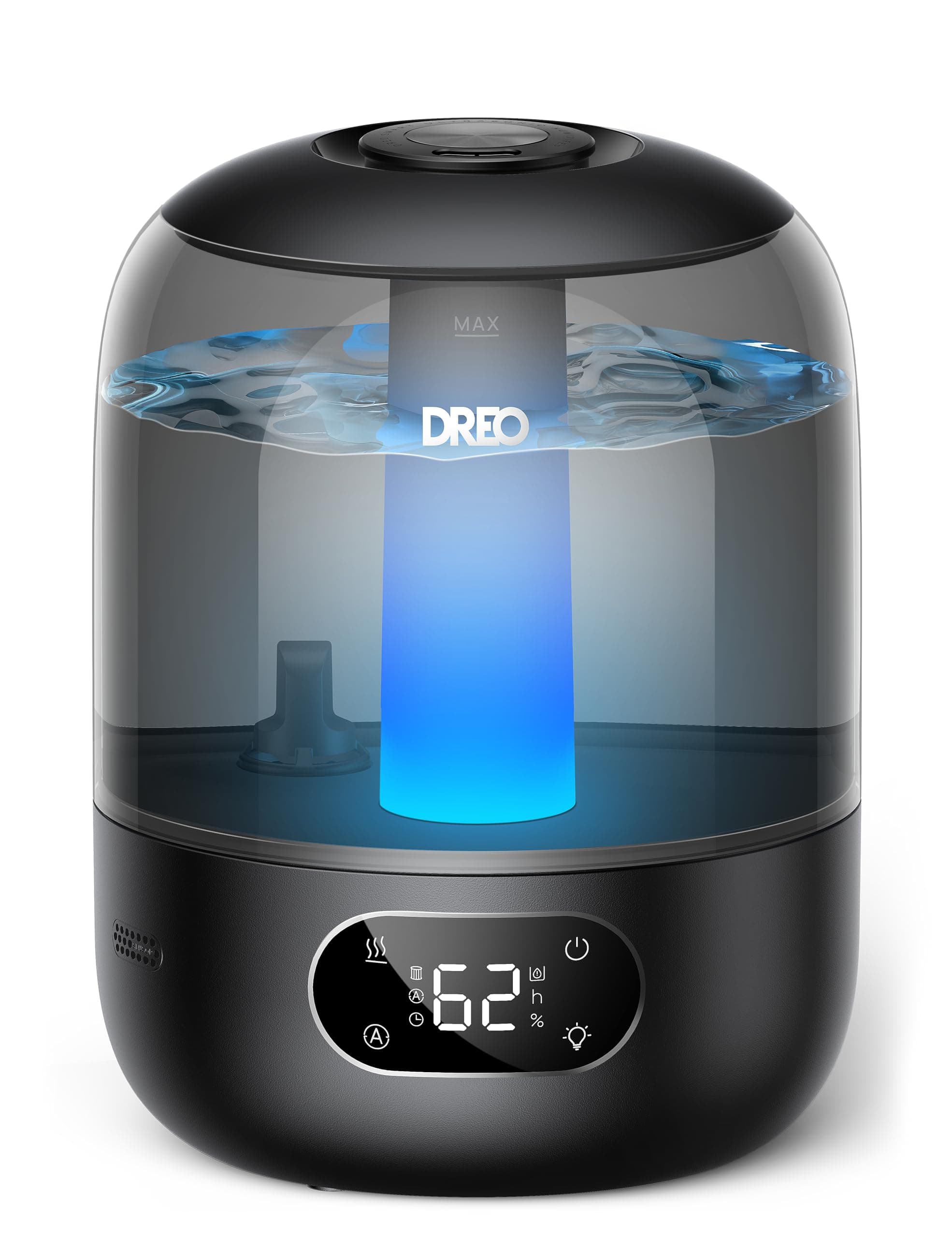 Dreo 3L Umidificatore Ambiente Bambini Silenzioso 26dB con Sensore di Umidità, Ultrasuoni Nebbia Fresca, Ugello 360°, 30h Autonomia, Diffusore Oli Essenziali, Luce Ambientale, per Casa e Piante, Nero