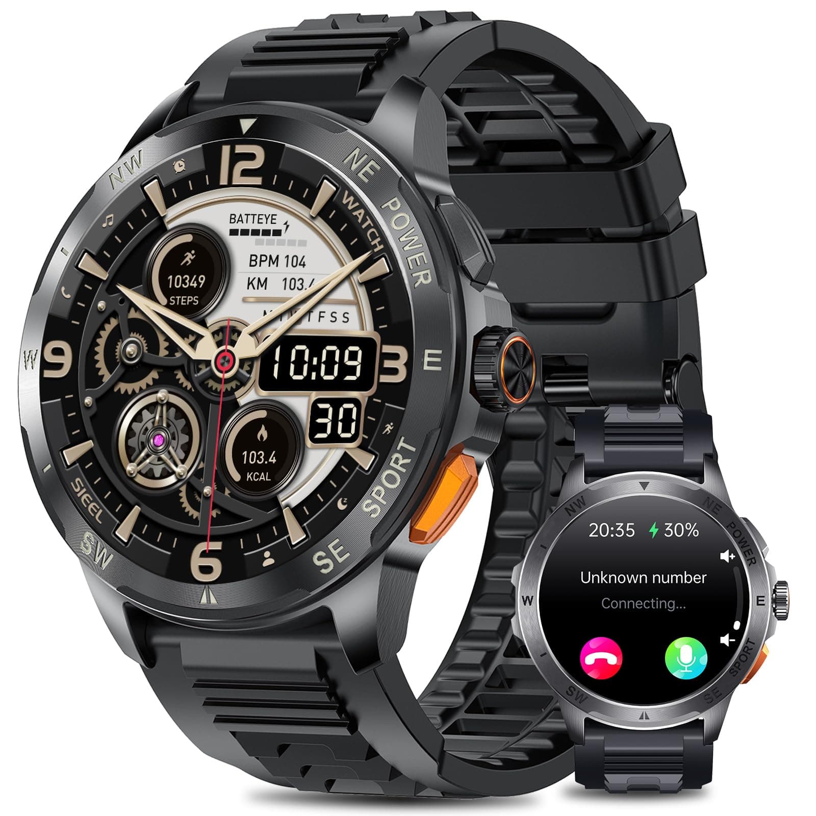 Reloj Inteligente Hombre Militar con ET/HRV/SIRI, 1.43" AMOLED Smartwatch Hombre con Llamadas Bluetooth Pulsómetro SPO2/100+ Modos Deportivos/IP68 Impermeable/Monitor de Sueño/para Android iOS Silica