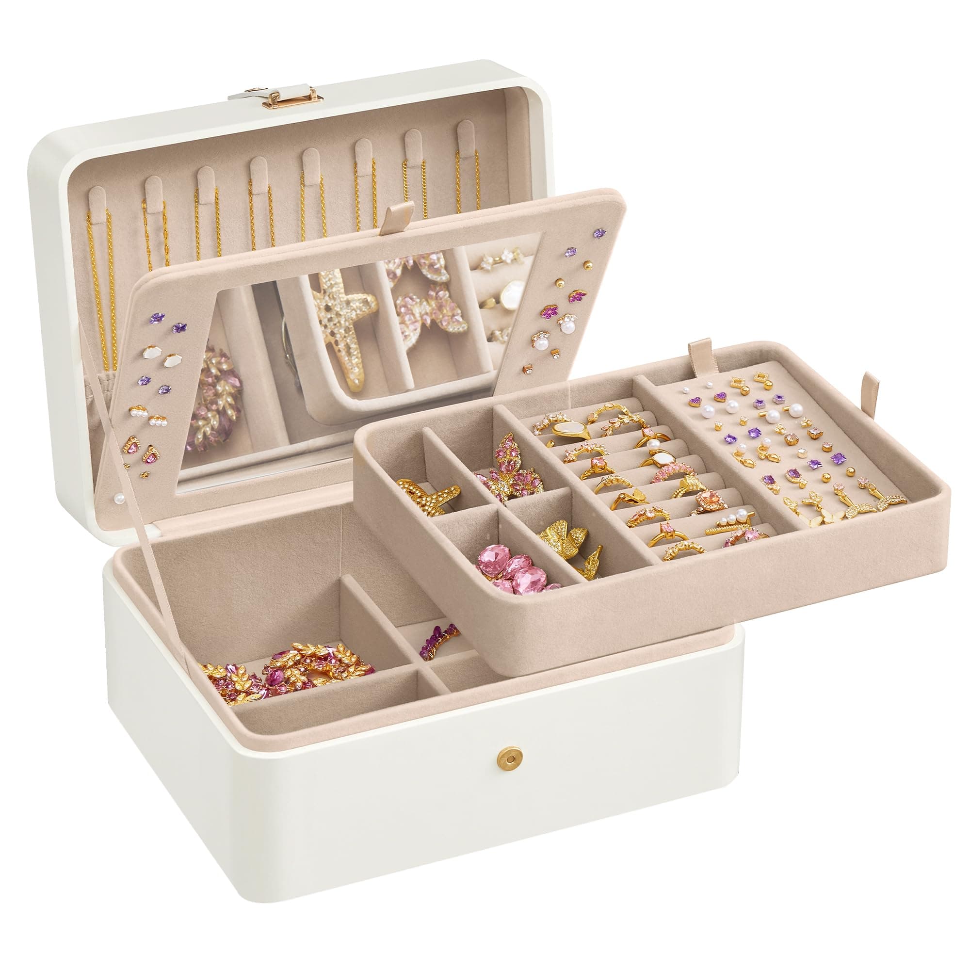 SONGMICS GISELLA Kollektion - Schmuckkästchen mit Spiegel, Schmuckkasten mit 2 Ebenen, flexibles Schmucktablett, 17,6 x 22 x 11 cm, Ohrstecker-Organizer, Geschenkidee, wolkenweiß JBC200W01S
