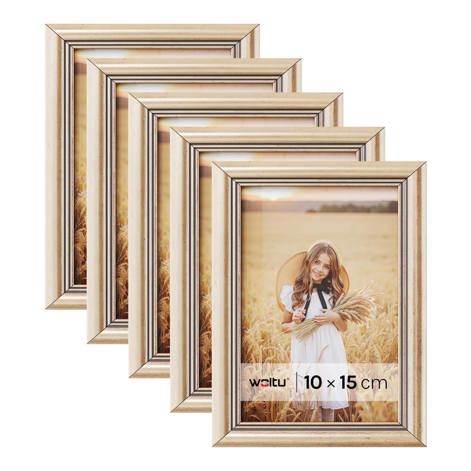 WOLTU Bilderrahmen 10x15cm 5er Set Fotorahmen Holzrahmen mit Passepartout, zum vertikalen oder horizontalen Aufhängen/Aufstellen, Posterrahmen Collage Wanddeko, Gold