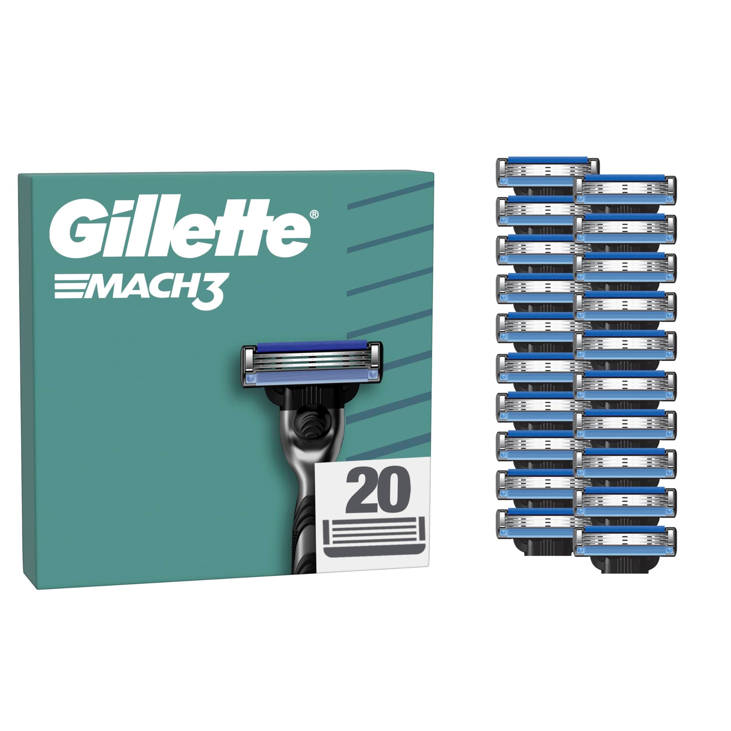 Gillette Mach3 Base Pack de 20 Recambios Para Maquinillas De Afeitar Para Hombre, Cuchillas de Afeitar Con 3 Hojas y Banda Lubricante, Compatible Con Todos Los Mangos Mach3