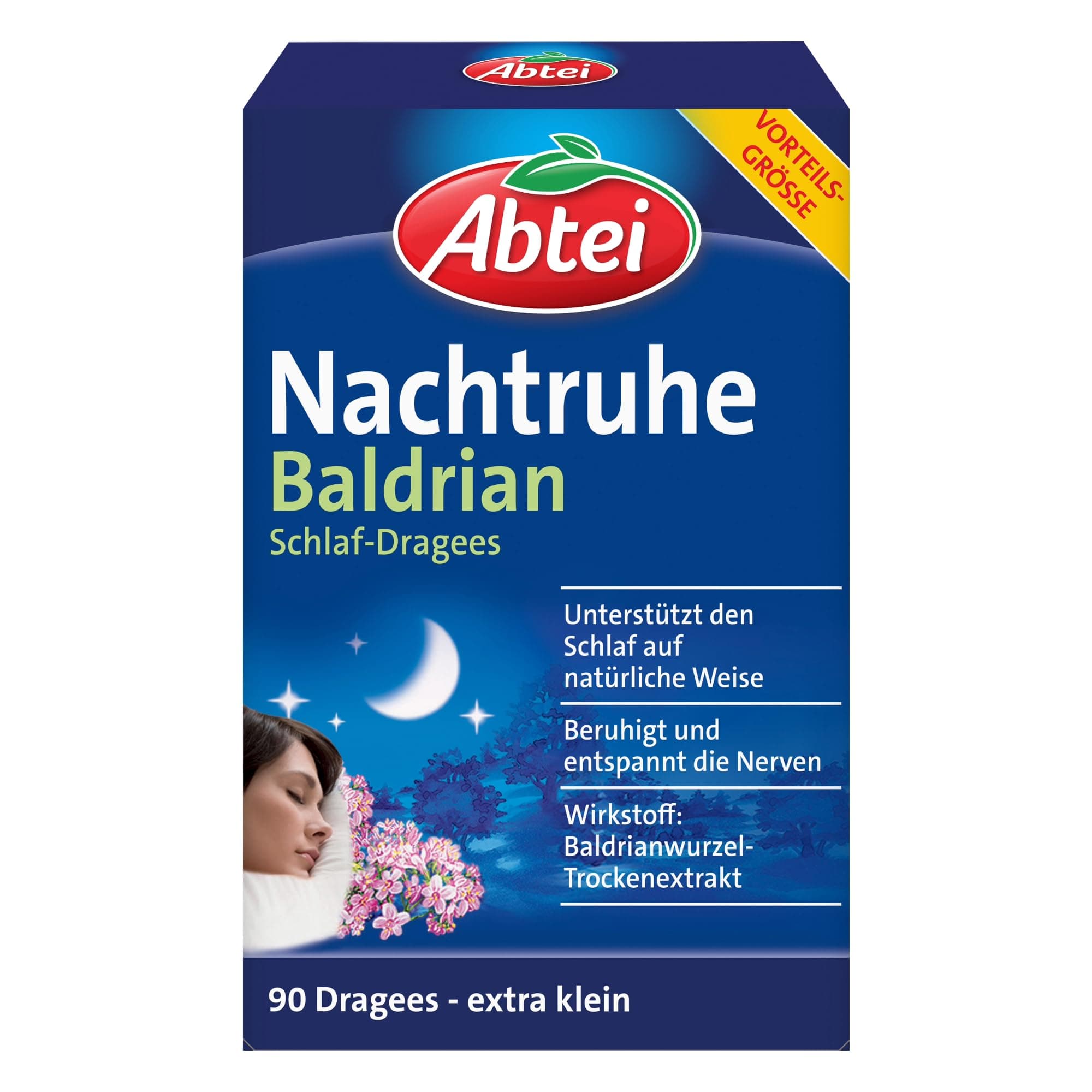 Abtei Nachtruhe Baldrian Schlaf-Dragees N - pflanzliches Arzneimittel für erholsamen und gesunden Schlaf sowie bei nervlicher Belastung - ohne Gewöhnungseffekt - 1 x 90 Dragees