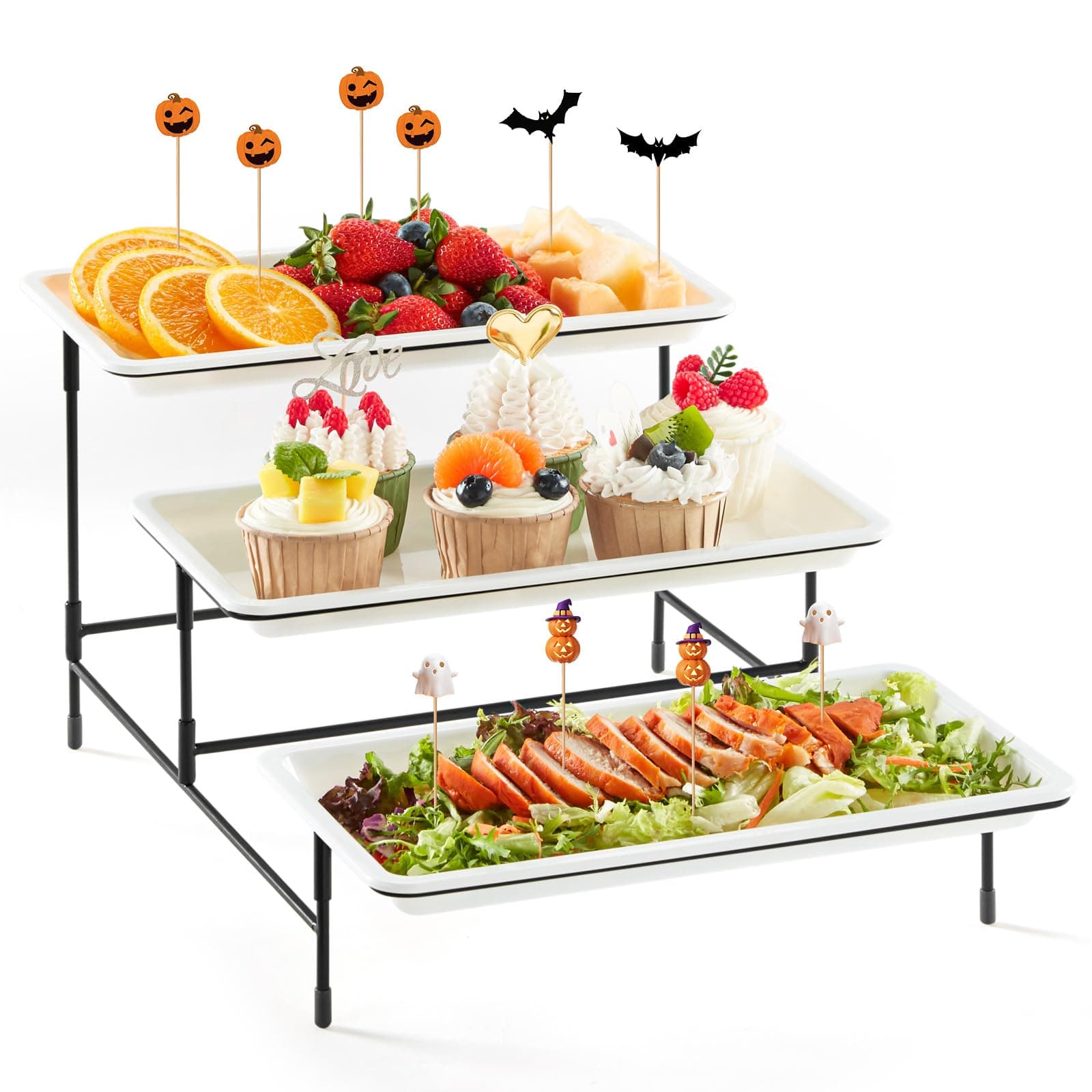 Lifewit Etagere 3 Etagen mit 30 x 17 cm Kunststoff Servierplatte, 3-stufiges Tablett Serviertablett Servierteller mit Klappbarer Schwarzem Metallregal, Buffet Party Zubehör für Gemüse/Obst/Kekse/Torte