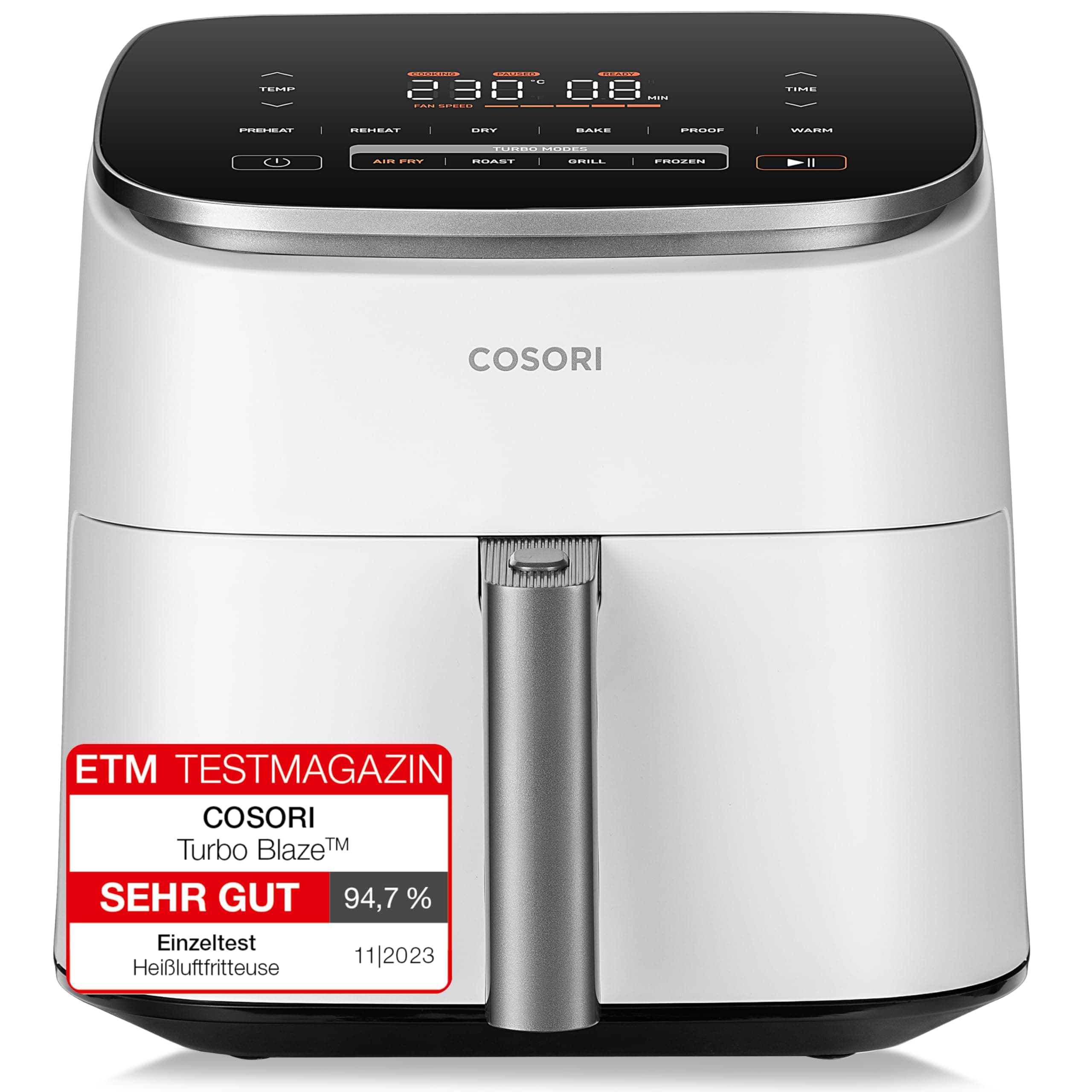 Cosori Turboblaze Heißluftfritteuse Airfryer, 9-in-1 Air Fryer XXL 6L, leiser DC Motor mit 5 Geschwindigkeitsstufen, Grillen, Backen, Gären, Dehydrieren, 87 Rezepte, 64% energiesparend, Weiß