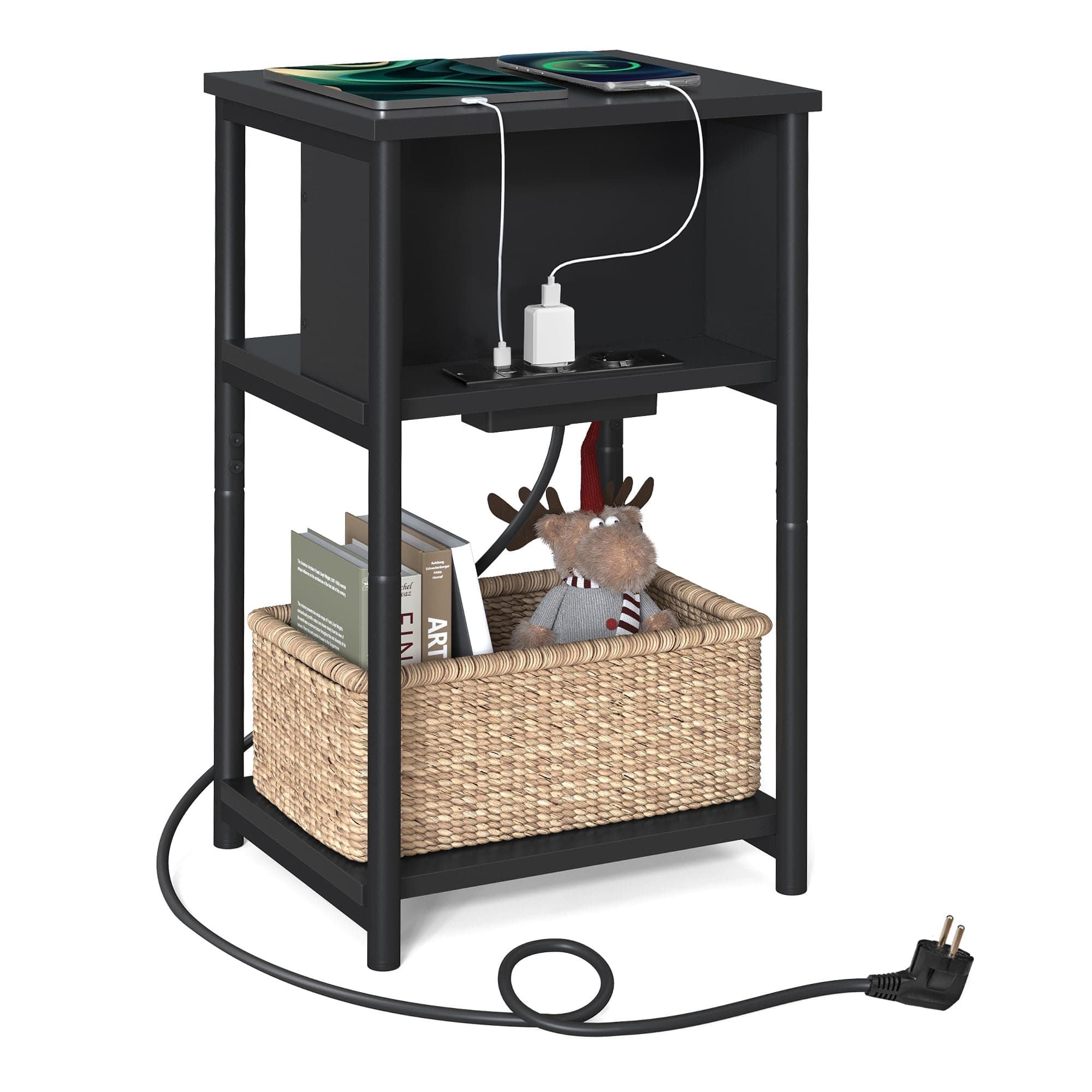 VASAGLE Beistelltisch, Nachttisch mit Steckdose, schmal, 2 AC-Anschlüsse, 2 USB-Anschlüsse, 30 x 34 x 58 cm, für Wohnzimmer, Schlafzimmer, schwarz LET375B02