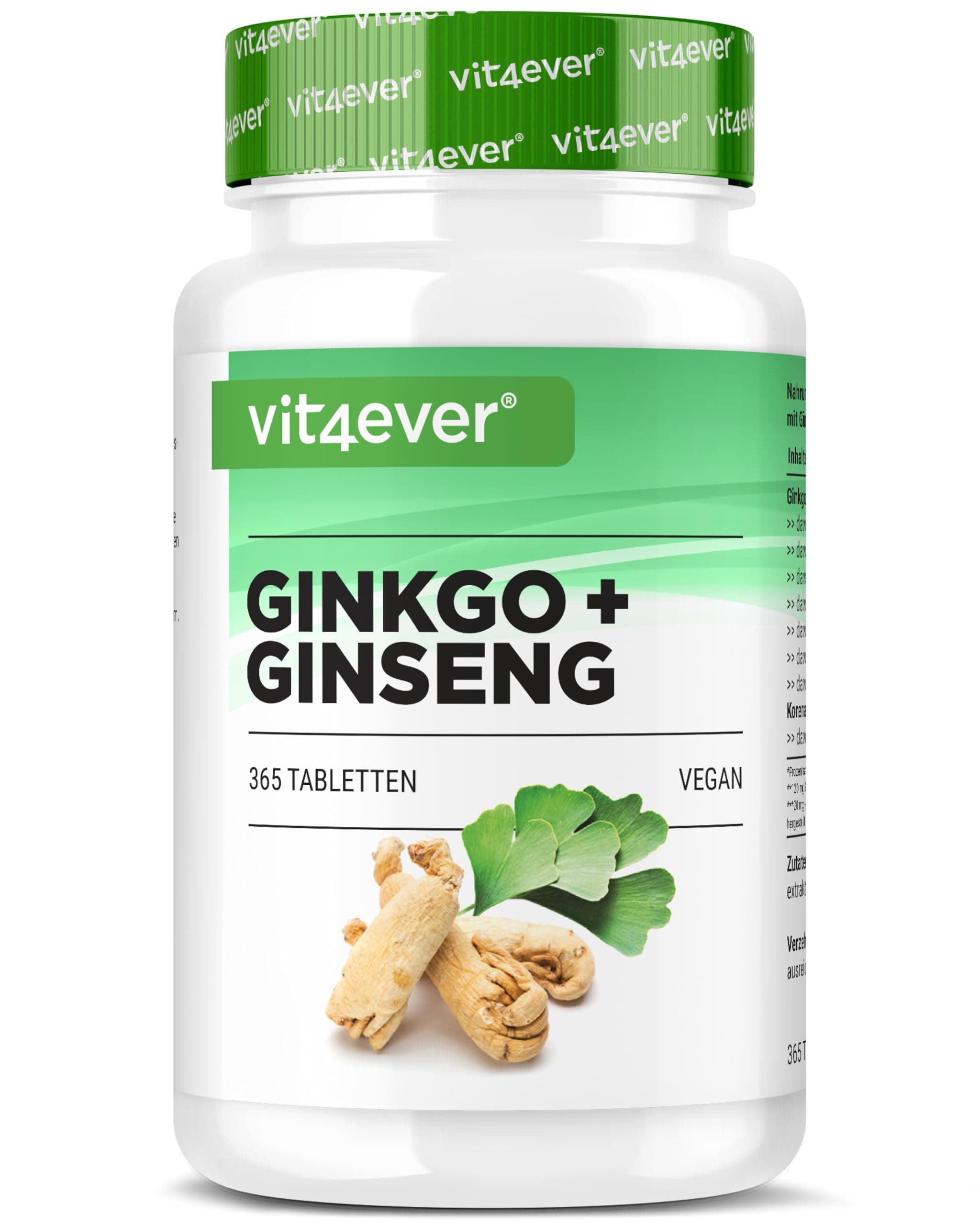vit4ever Ginkgo + Ginseng - 365 Tabletten - Spezial Extrakt - Hochdosiert - Laborgeprüft - Ginkgo Biloba + Koreanischer Ginseng - Premium Qualität - Vegan