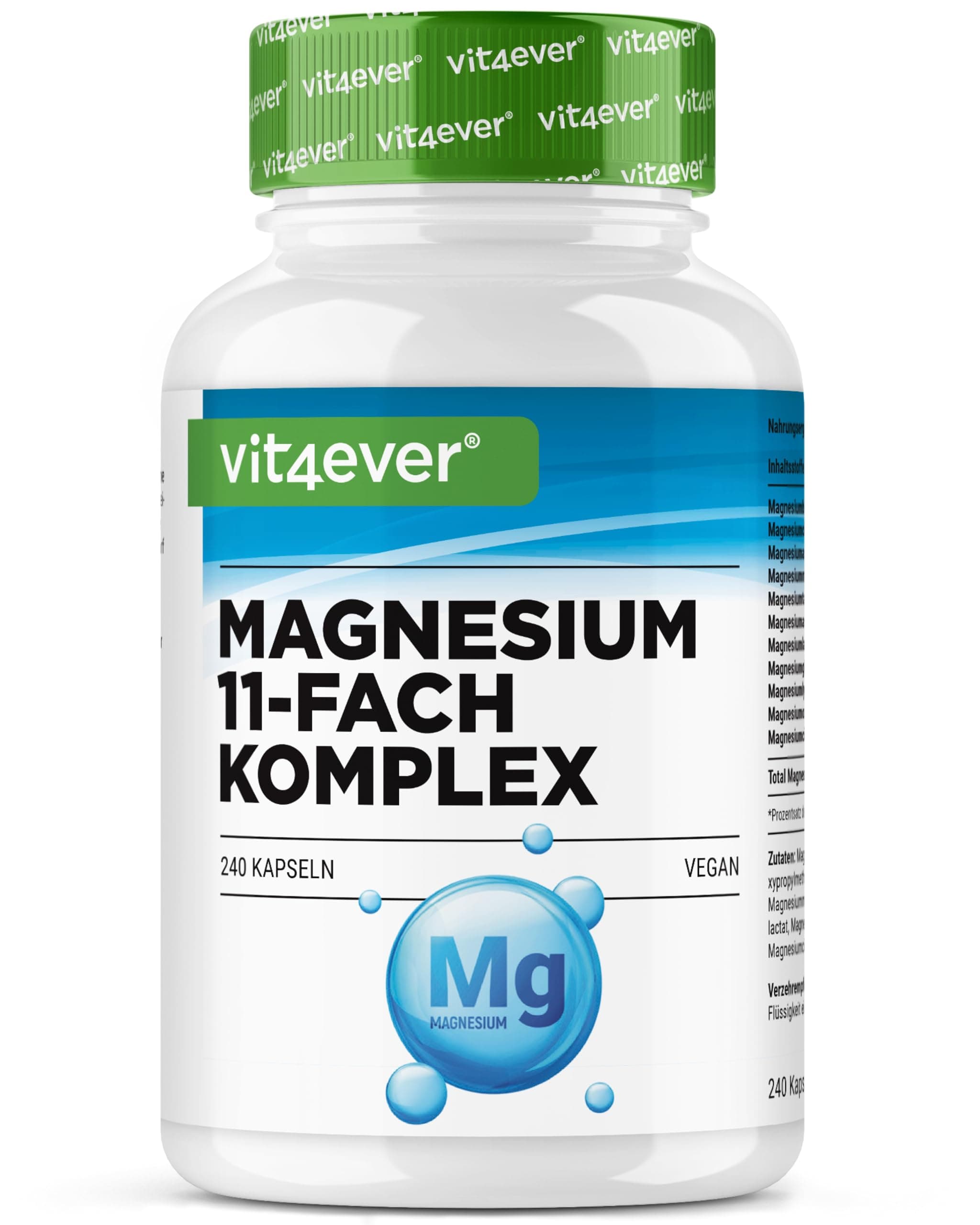 vit4ever Magnesium Komplex - 240 Kapseln - Aus 11 hochwertigen Verbindungen - 408 mg elementares Magnesium pro Tagesdosis - Hochdosiert - Vegan