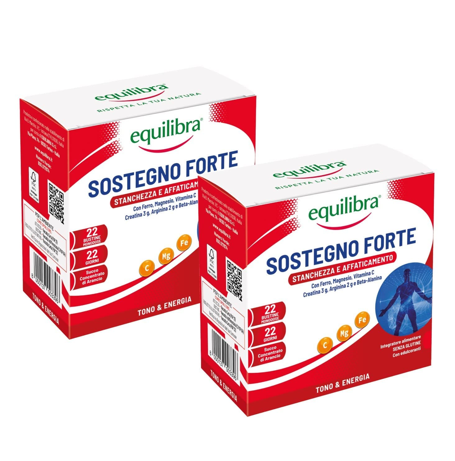 Equilibra Integratori Alimentari, Sostegno Forte, Integratore con Creatina, Arginina, Vitamine C, B1, per Incrementare le Prestazioni Fisiche, con Succo Concentrato di Arancio, 2 Pezzi da 22 Bustine