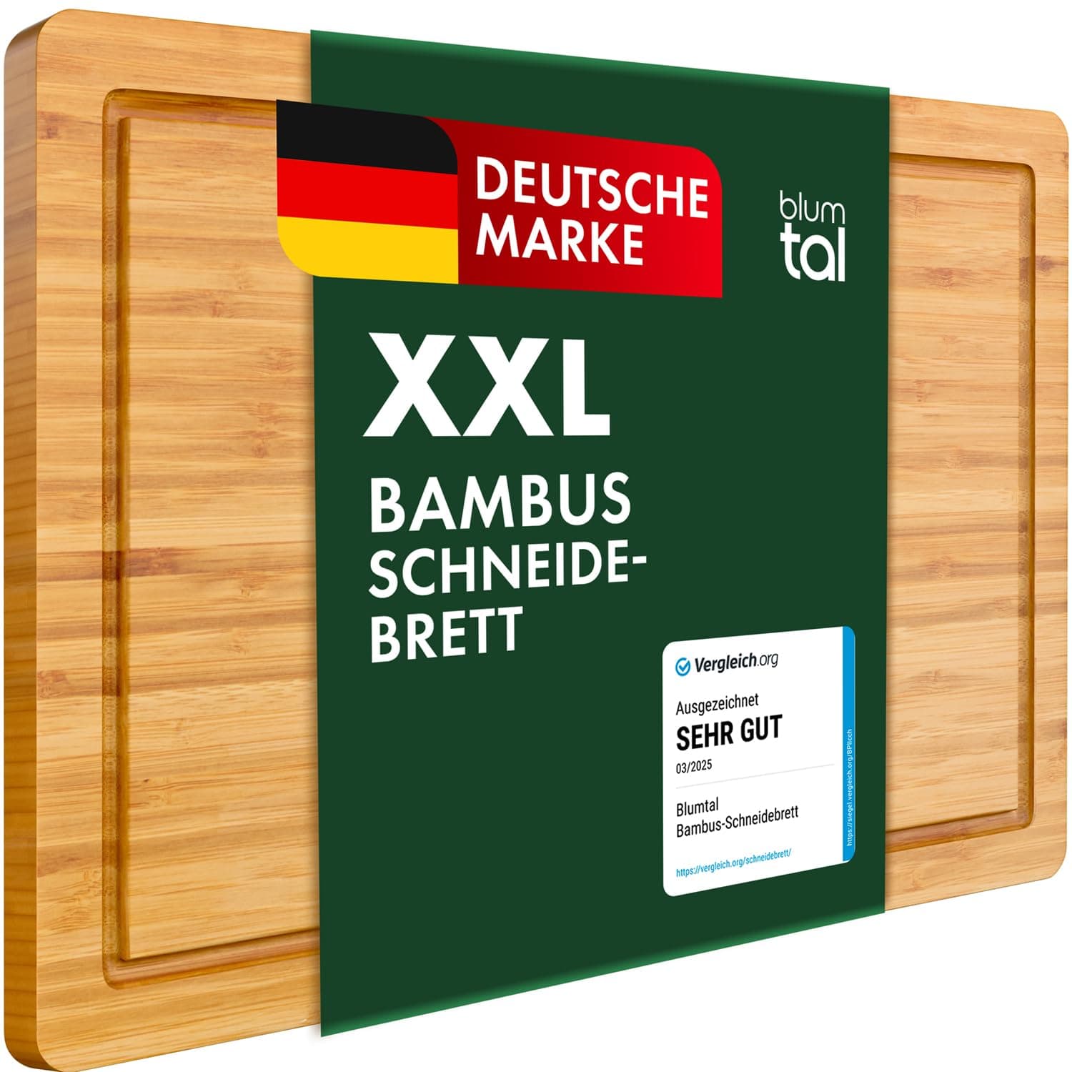 Blumtal Schneidebrett aus 100% Bambus - antiseptisches Holz-Brett mit Saftrille, Holz-Brettchen, 45x30x2cm