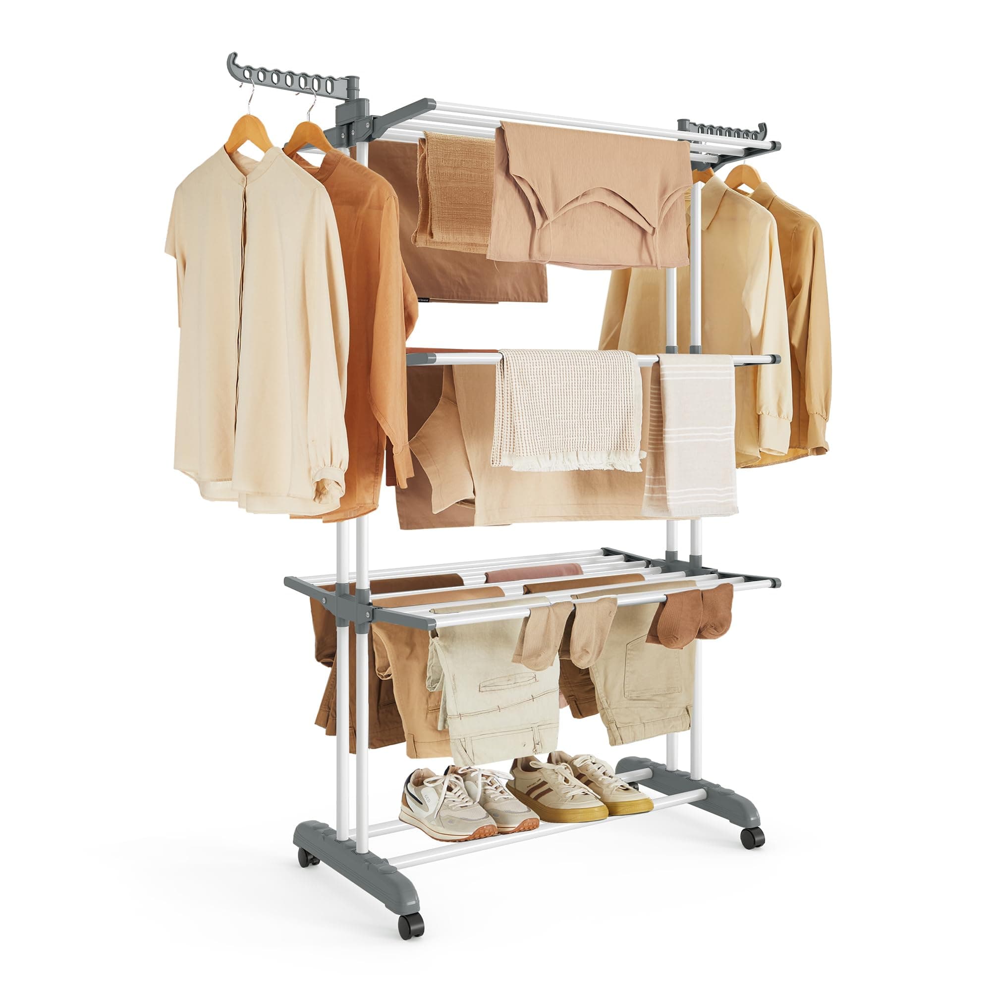 SONGMICS Tendedero, Plegable de 4 Niveles, Móvil, con Ruedas, Alas Plegables, 63,5 x 128 x 173 cm, Gran Capacidad, Montaje Fácil, Uso Interior y Exterior, Blanco LLR701W01