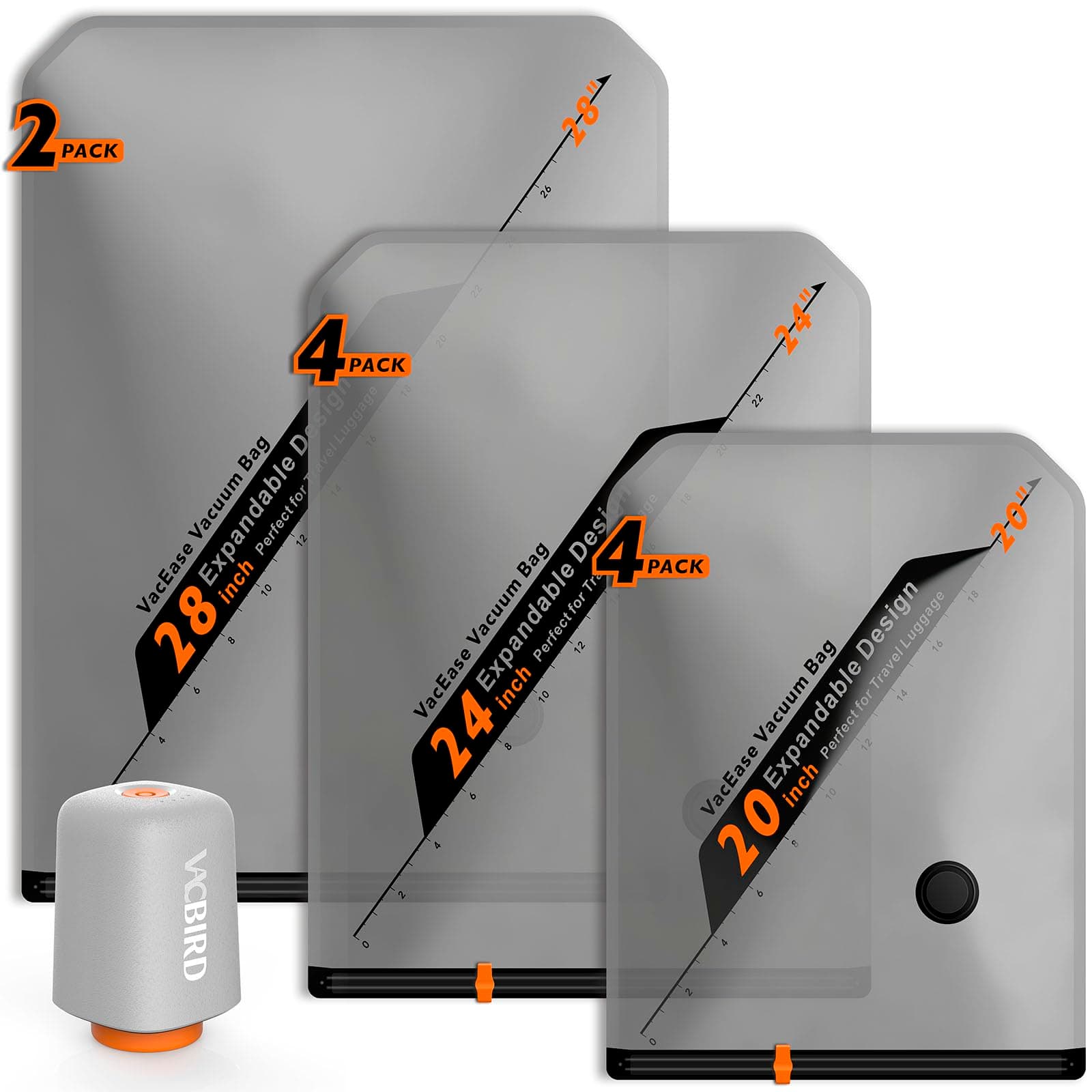 Vacbird Sacchetti Sottovuoto Vestiti Con Pompa Sottovuoto Senza Fili, 10 Pezzi (4 * 40x54cm, 4 * 47x64cm, 2 * 54x74cm), Buste Sottovuoto Vestiti Salvaspazio – Ideali per Viaggi e Organizzare Bagagli