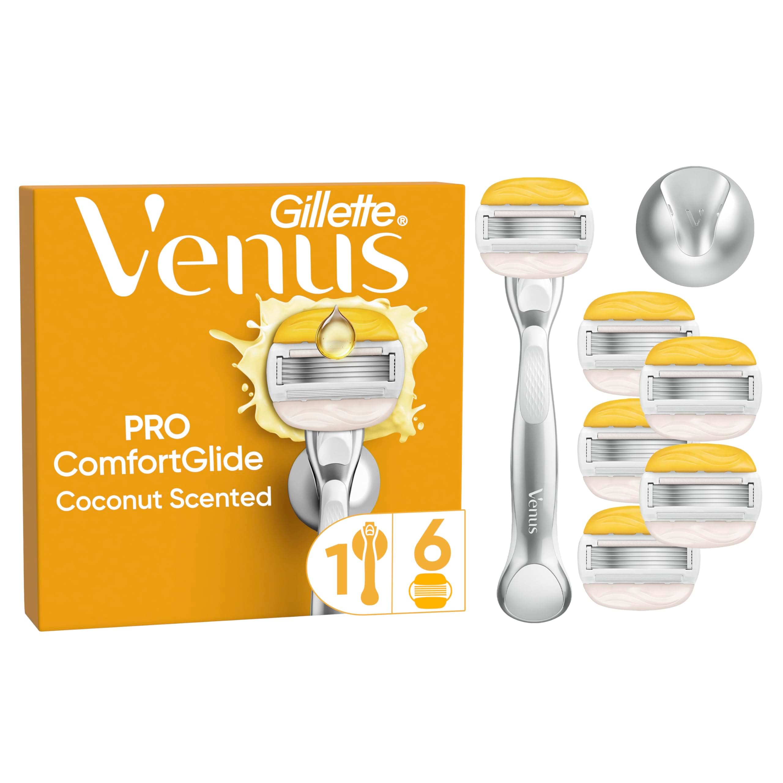 Gillette Venus Pro ComfortGlide Kokosduft Damenrasierer, 6 Ersatzklingen für Nassrasierer Damen, Klingen mit Olay Feuchtigkeitscreme, Langlebiges Metallhandstück und Duschhalterung