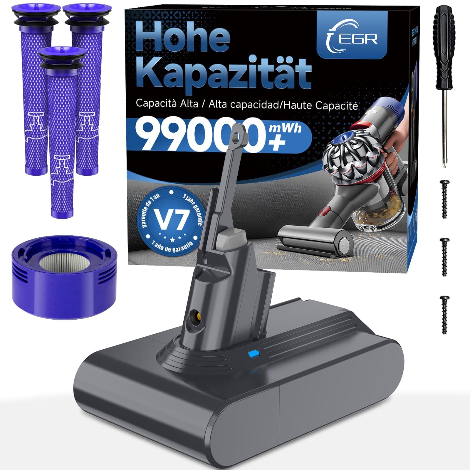 EGR Mejorada V7 Batería para Dyson V7 Motorhead/Animal/Trigger/Mattress/Fluffy/Absolute/Car+Boat SV11 Aspiradora Batería con 4 Filtros y 3 Tornillos