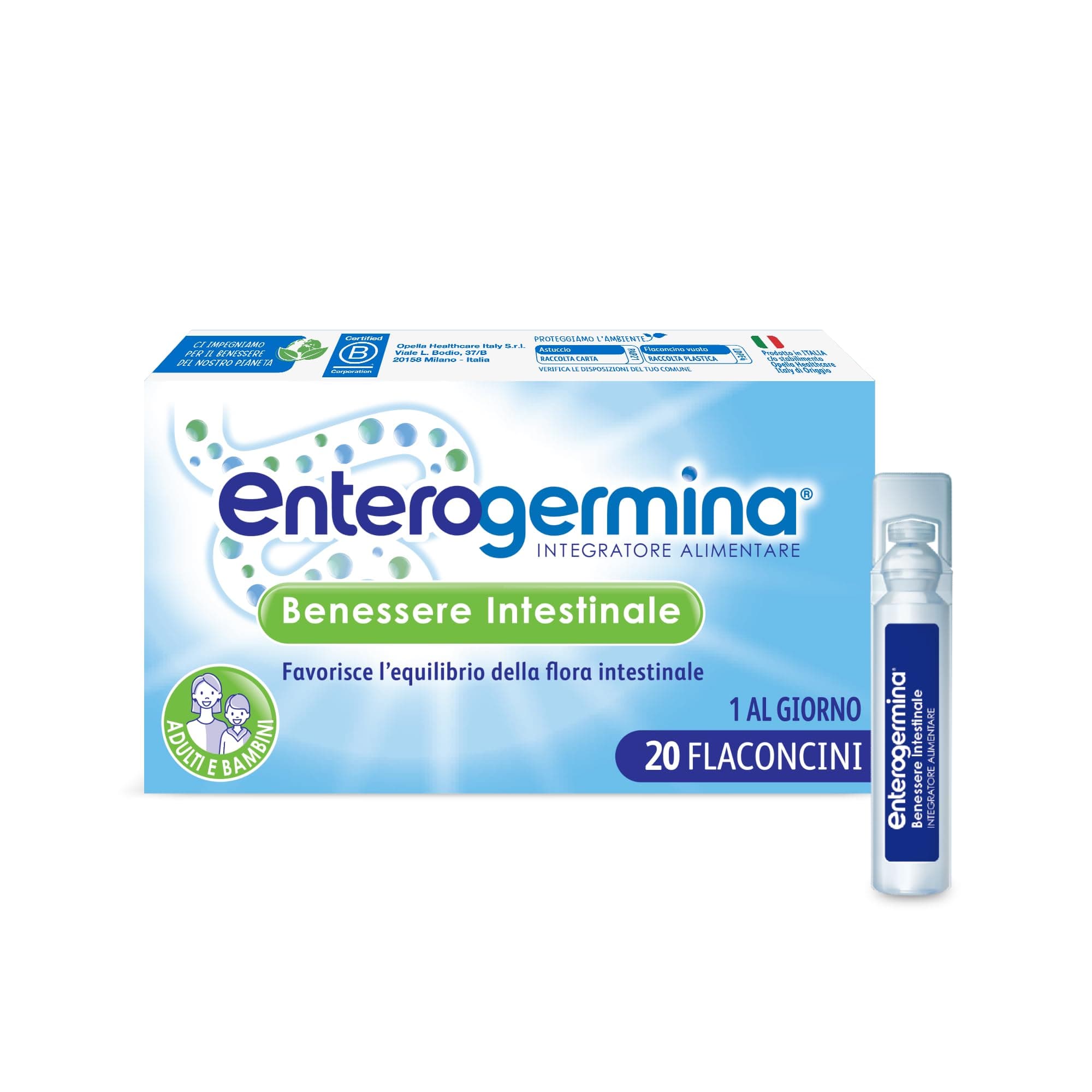 Enterogermina Benessere Intestinale, Fermenti Lattici Probiotici, Integratori Adulti e Bambini 3+ Favorisce l’Equilibrio della Flora Batterica Intestinale, Senza Glutine (20 Flaconcini/5 ml)