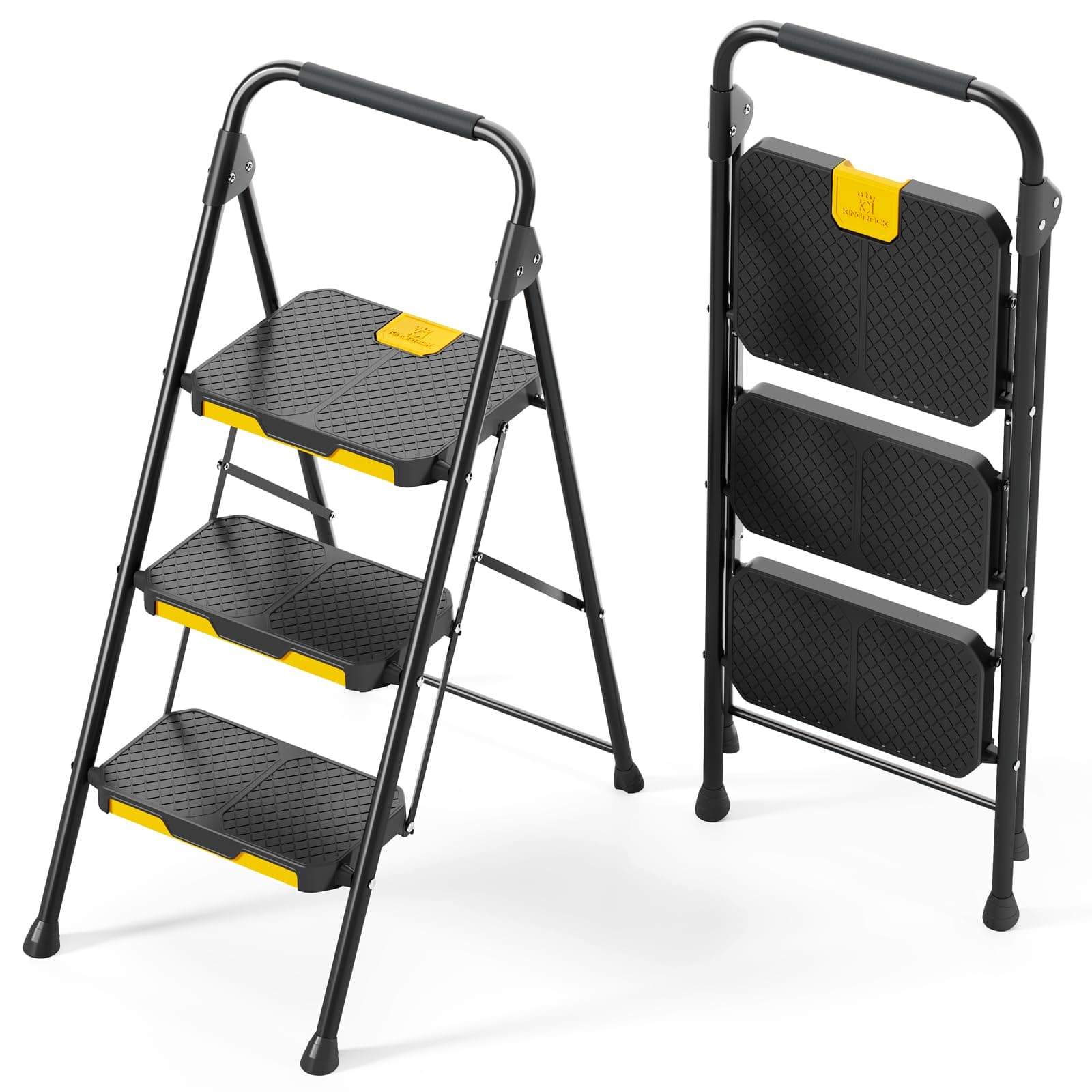 KINGRACK Escalera Plegable de 3 Peldaños con Bloqueo de Seguridad, Escalera de Tijera Doméstica Carga hasta 360kg con Pedal Ancho Antideslizante, Pasamanos, Taburete de Acero, para Hogar Cocina, Negro