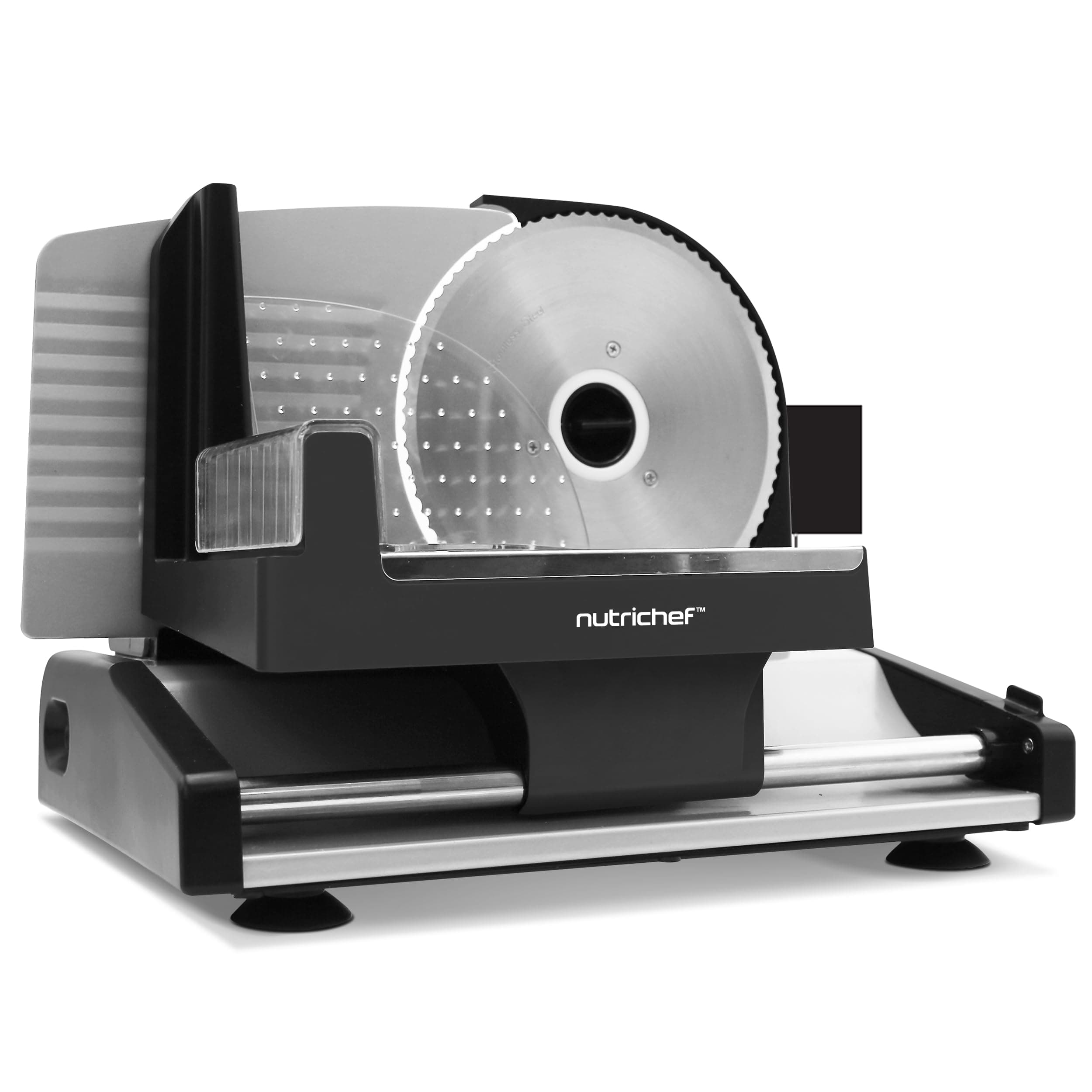 NutriChef Affettatrice Elettrica da Casa 200 Watt, Affetta Carne, Cibi, Affettatrice Salumi e Pane, Spessore Regolabile 0–15 mm, Lama in Acciaio Inox 19 cm Rimovibile, Pressatore di Sicurezza, Nera