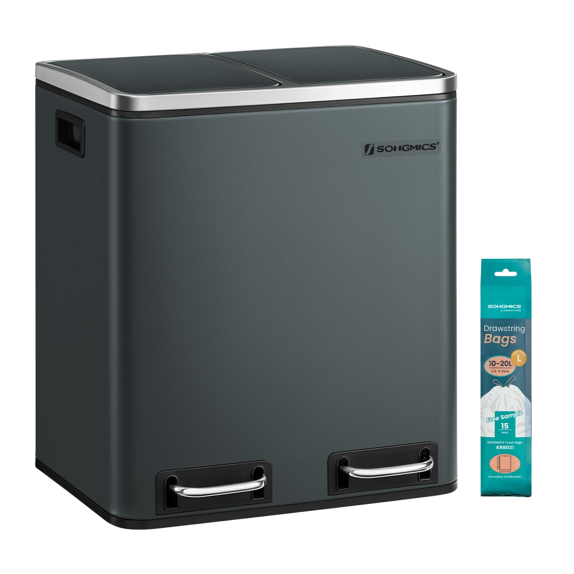 SONGMICS Poubelle Cuisine, 2 x 15L, Poubelle Tri, avec Pédale, 2 Compartiments, 15 Sacs Poubelles, Seaux Intérieurs, Couvercles en Douceur, en Acier, Gris Verdâtre LTB30GS