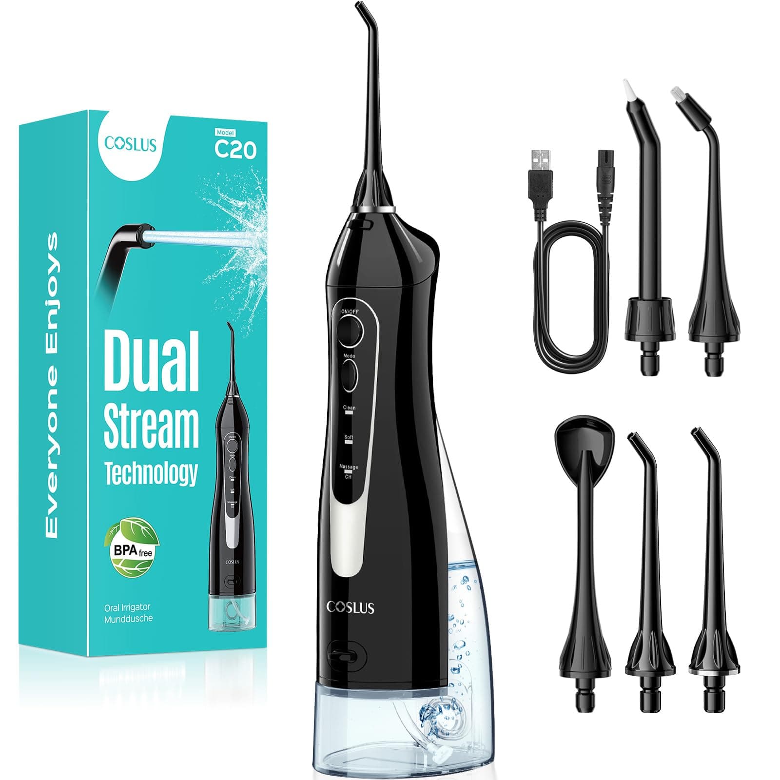 COSLUS C20 Jet Dentaire Hydropulseur Portable 300 ML Sans Fil Irrigateur Dentaire Hydropulseur Dentaire Double Débit d'eau Water Oral Flosser Étanche IPX7 Pour La Maison et Les Voyages Noir