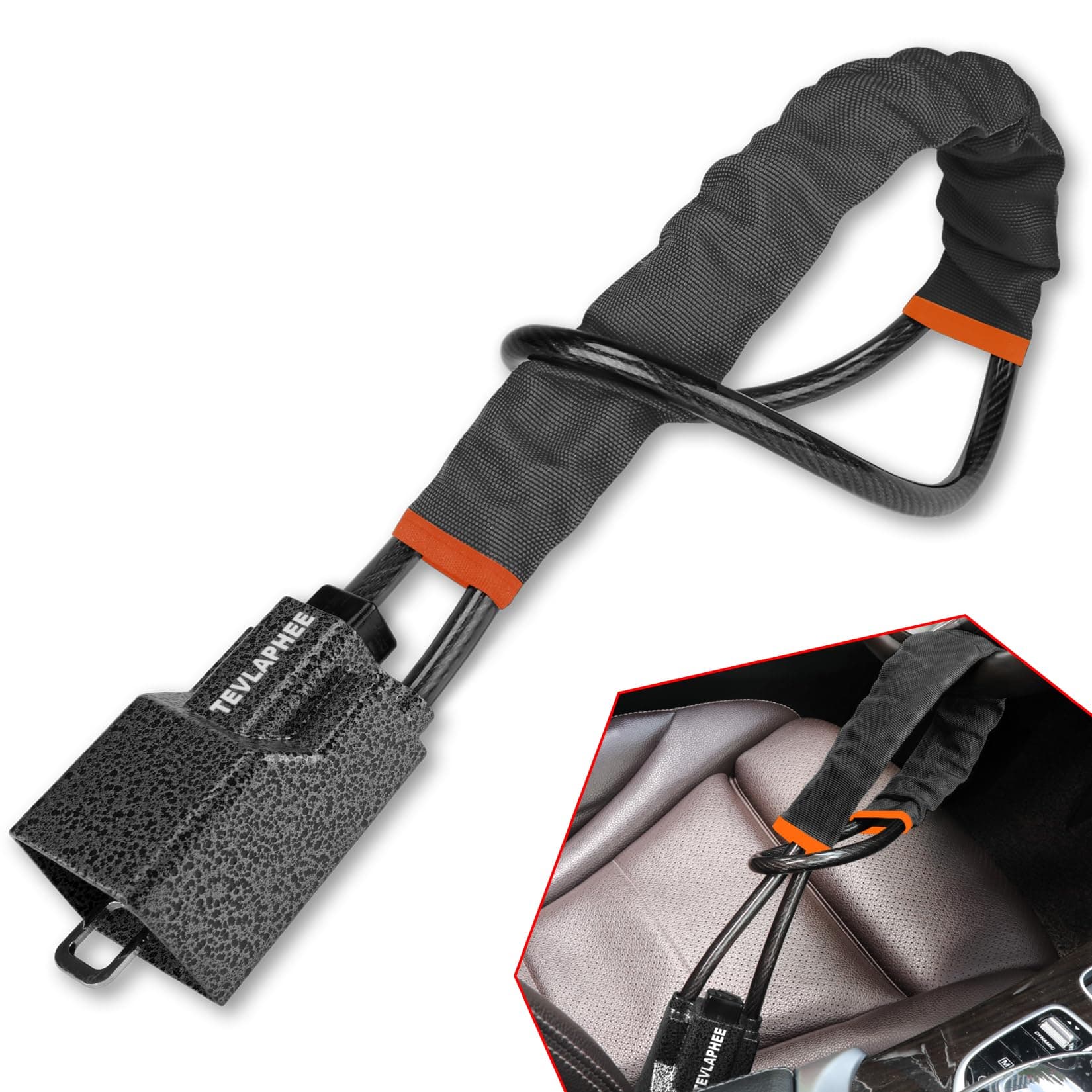 Tevlaphee Antivol Volant Amélioré, Bloque Ceinture, Tête Métal, Dispositif Antivol Auto Haute Visibilité, Robuste, Universel pour Voiture, SUV, Pickup, Jeep, Van, 3 Clés(Noir)