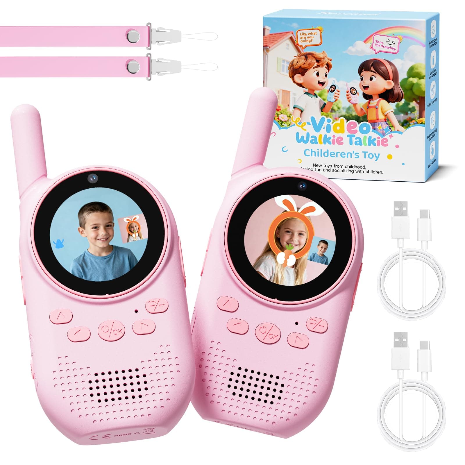 HEWEIMEI Video Walkie Talkie Niños, Walkie Talkie Recargable De Largo Alcance con Cámara HD, Cambiador De Voz Y Videollamada, Regalo para Niños de 3 a 12 Años (Rosa/Rosa)