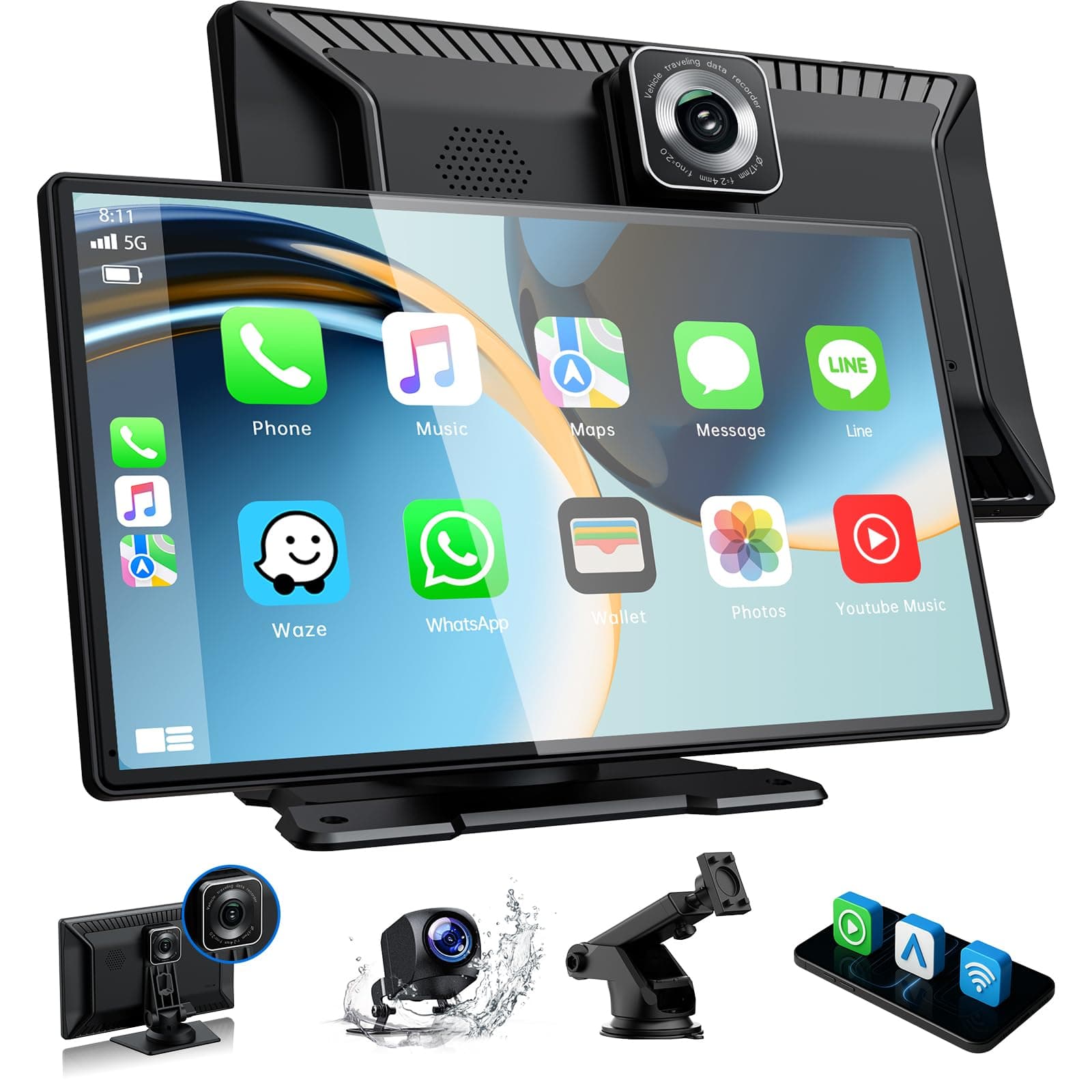 Volam Pantalla CarPlay de 9 Pulgadas on Apple Carplay y Android Auto Radio Portatil para Coche Compatible con 1080P HD Tarjeta TF de 64GB Camara Frontal Trasera Siri G00gle Mirror Link Bluetooth FM