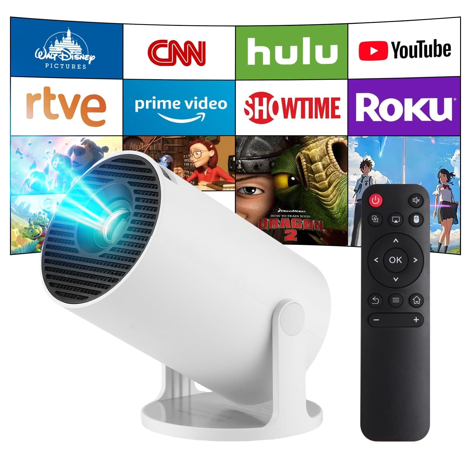 Proyector Portatil, Upgraded Mini Proyector 4K con WiFi 6 Bluetooth 5.4, Android 14, Admite Rotación de 180° y Keystone Automático Projector para Movil, Laptop/Phone (Blanco)
