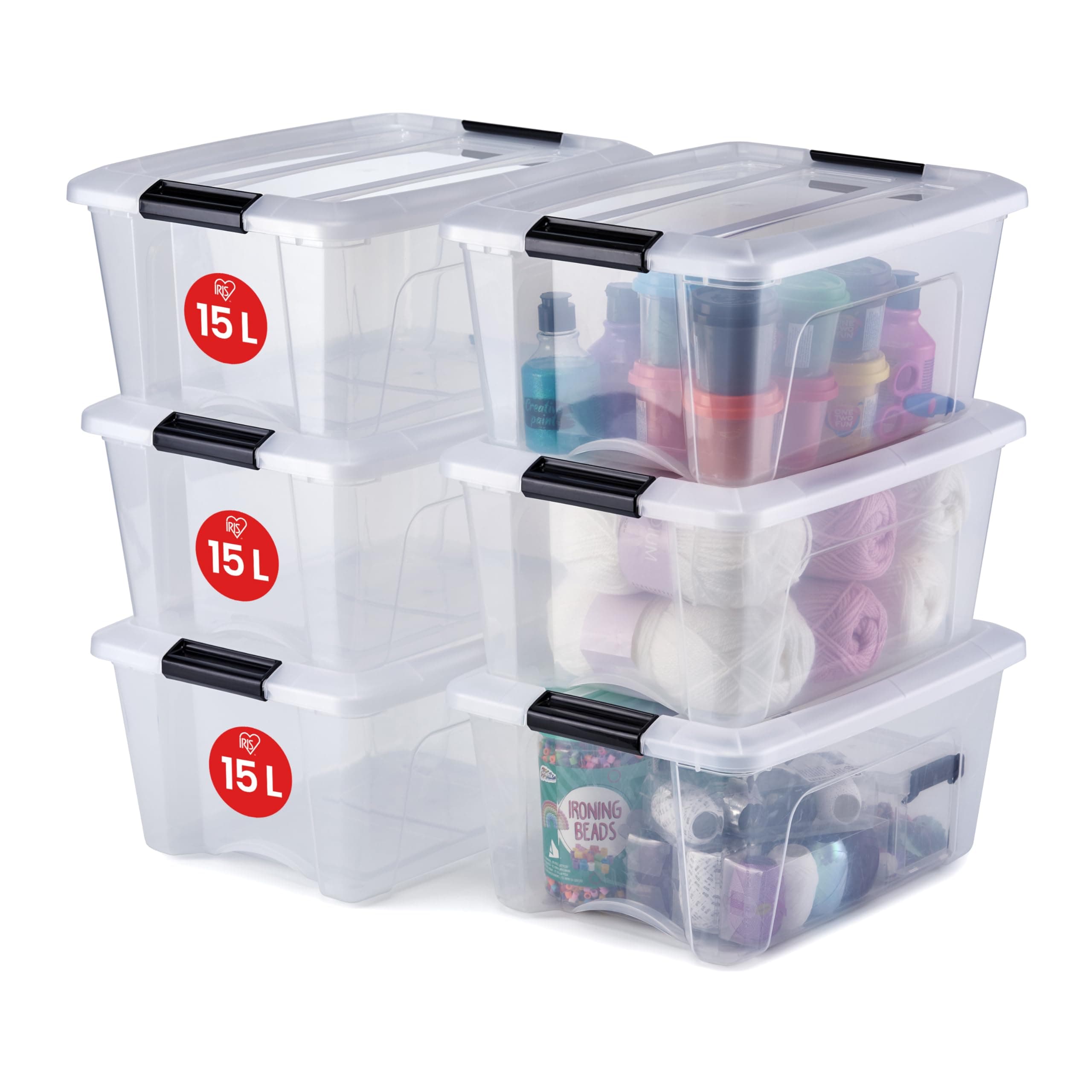 Iris Ohyama, Boite Rangement Plastique avec Couvercle, 15L, Lot de 6, Transparent, Clips de Fermeture, Poignée, Empilable, Organisation Solide & Durable, pour Chambre, Dressing, Bureau, NTB-15
