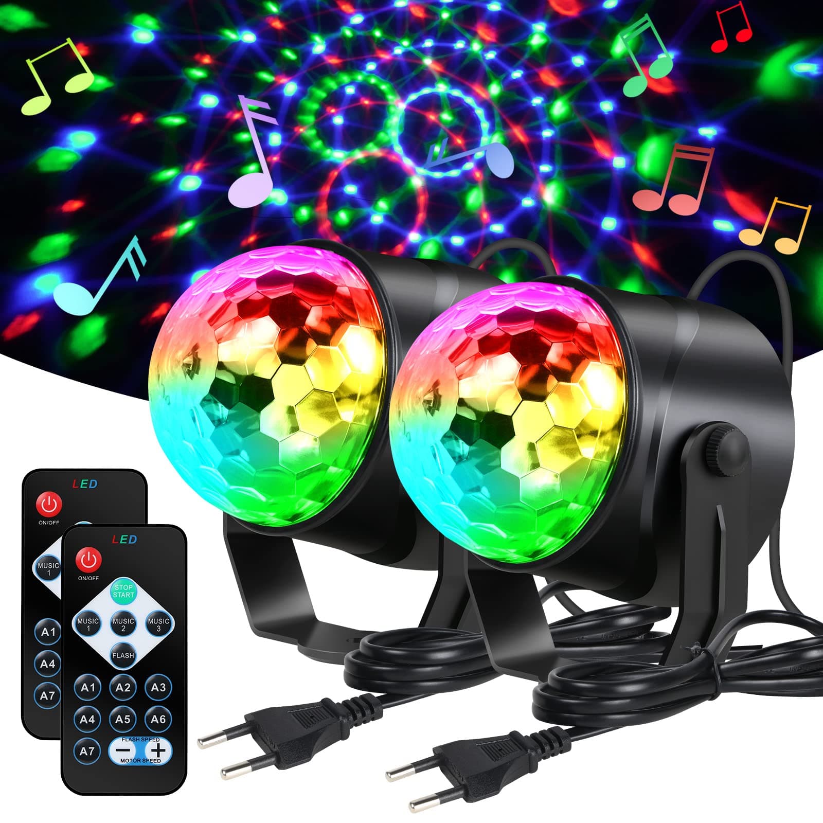 URAQT Luci Discoteca LED, 360 ° Ruotabile Musica Attivata Telecomando Luci da Festa, 7 RGBP Colori Fari per Illuminazione Palco per Natale, Bar, Club, Festa, Riunione di Famiglia (2 Pezzi)
