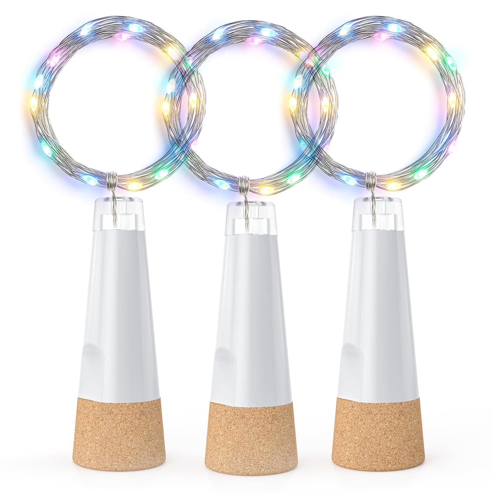 KOBWA Luci per bottiglie con sughero, luci per bottiglie di vino ricaricabili tramite USB, luci a batteria, luci a stringa aggiornate 2025 per decorazioni natalizie(Multicolore, 3 Pezzi)