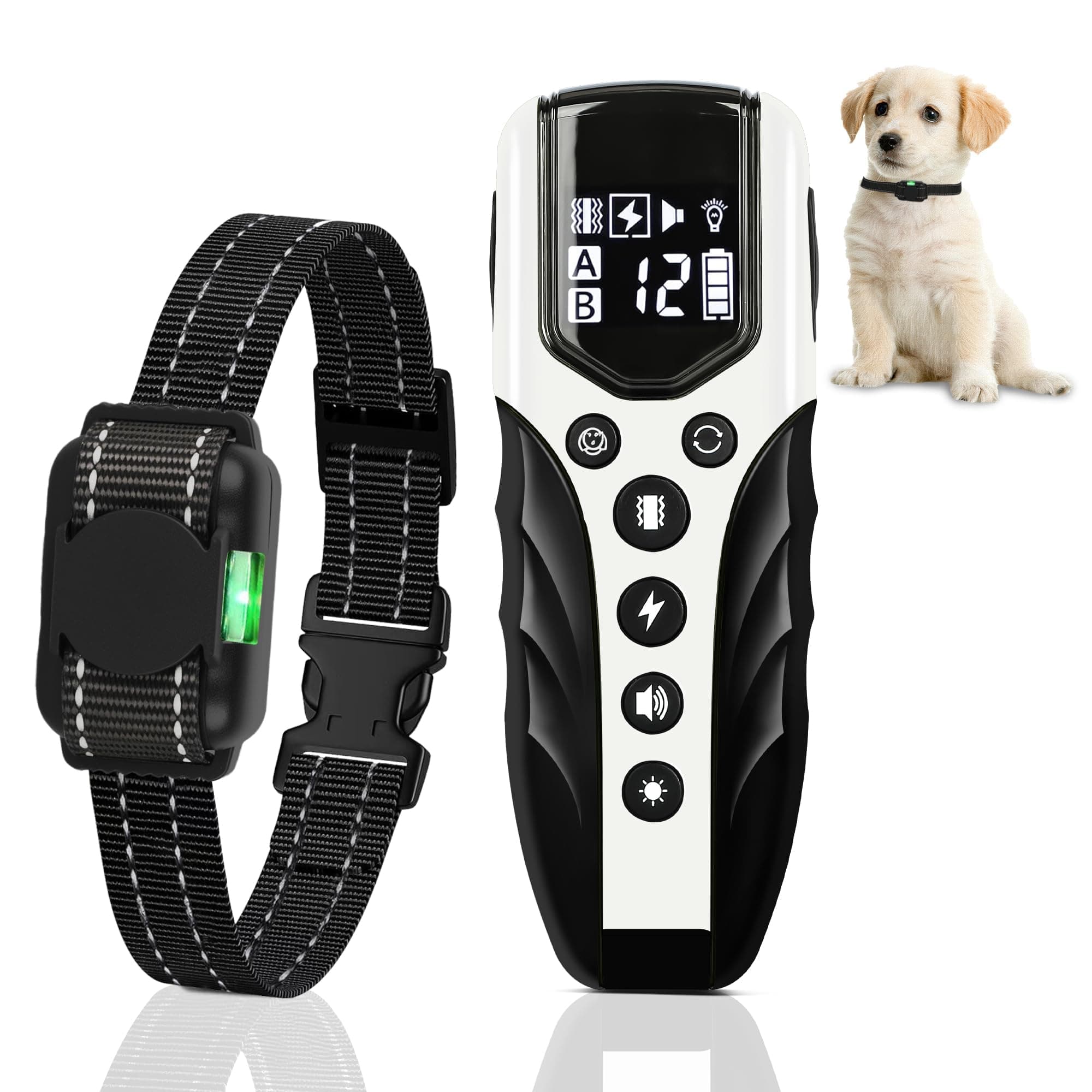 Collier Dressage Chien avec Télécommande-Le Plus Petit et Le Plus Léger Collier de Dressage Chien，Conçu pour Les Chiots，3 Modes : Voix, Vibration, Stimulation，Étanche IPX7，Rechargeable，Blanche