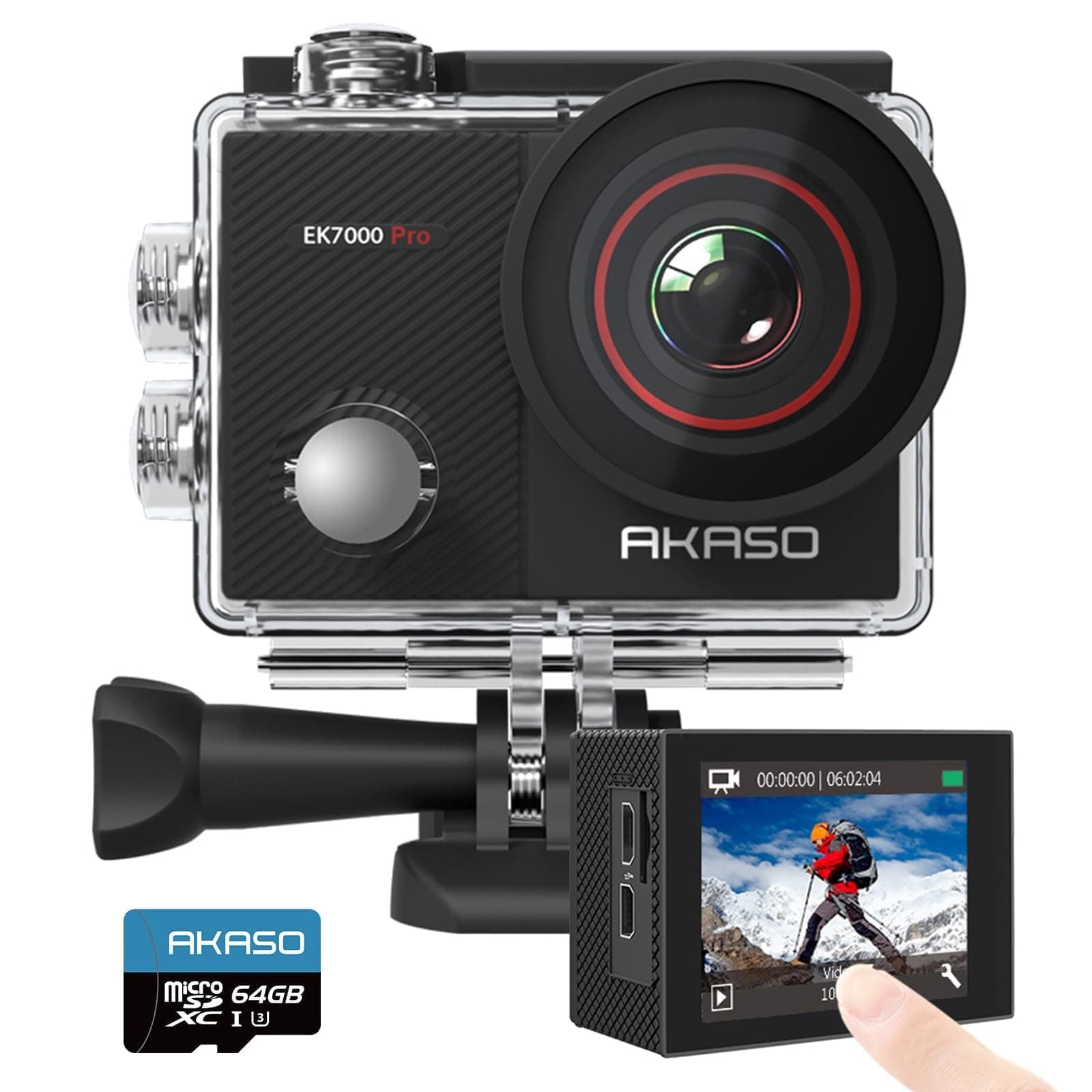 AKASO EK7000 Pro Caméra Sport 4K avec Carte MicroSDXC 64GB, 20MP WiFi Action Caméra Sportive avec Ecran Tactile, EIS Stabilisateur, Télécommande, 170° Angle Réglable, Étanche 40M et 2 Batteries