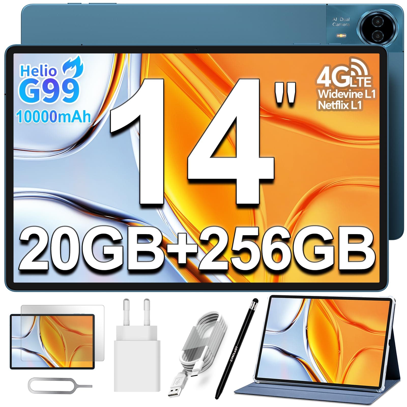 TECLAST T70 Tablet 14 Pulgadas Gaming Tableta 2K, Helio G99 Octa-Core 2.2GHz, 20GB RAM+256GB ROM(TF 8TB), Dual SIM 4G LTE + 5GWiFi, 10000mAh/18W, Widevine L1/GPS/13MP, Android Tablet con Lápiz + Funda
