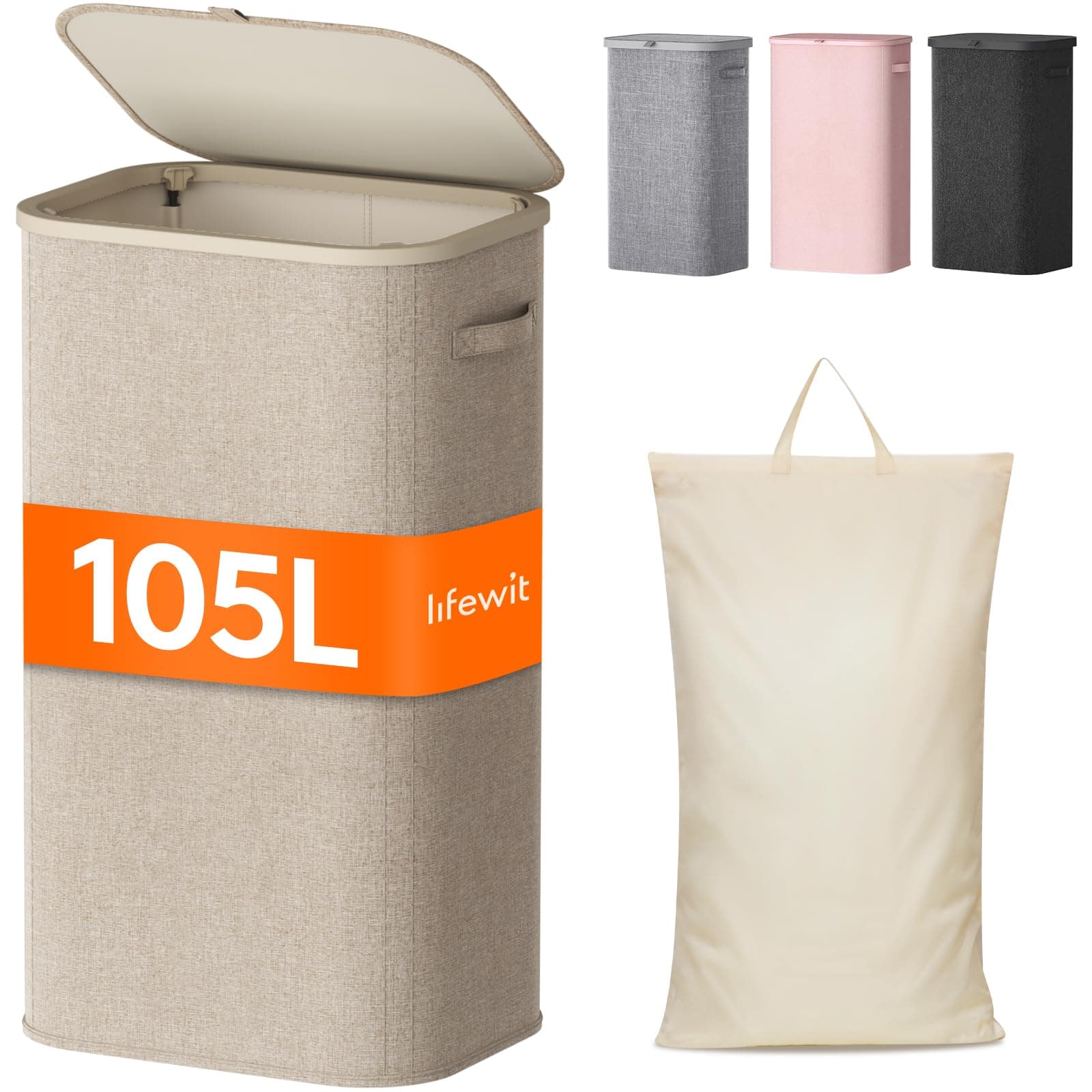 Lifewit Cesto Ropa Sucia, Cesta Ropa Plegable con Bolsa Extraíble y Asa, Cubo Ropa Sucia con Tapa, Laundry Basket para Dormitorio, Baño, Lavandería, Dormitorio, 105 L, Beige