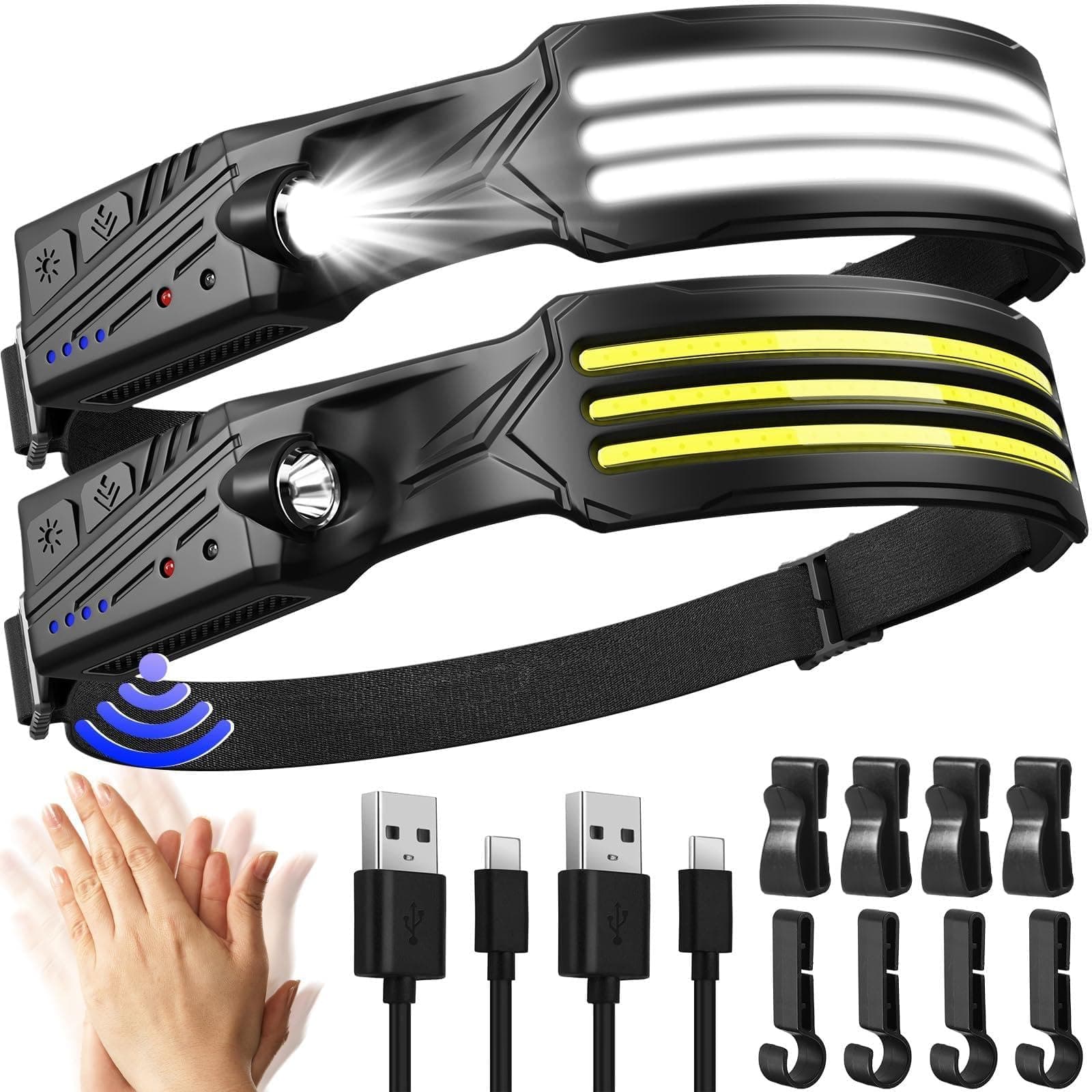 MLIAIMCE Linterna Frontal,2 Piezas Super Brillante 3000 Lúmenes Frontal Led Recargable 3*LED con Sensor de Movimiento 230 °Ángulo,IPX5 Impermeable 0.14lb Ligera Linterna de Cabeza Para Correr Camping