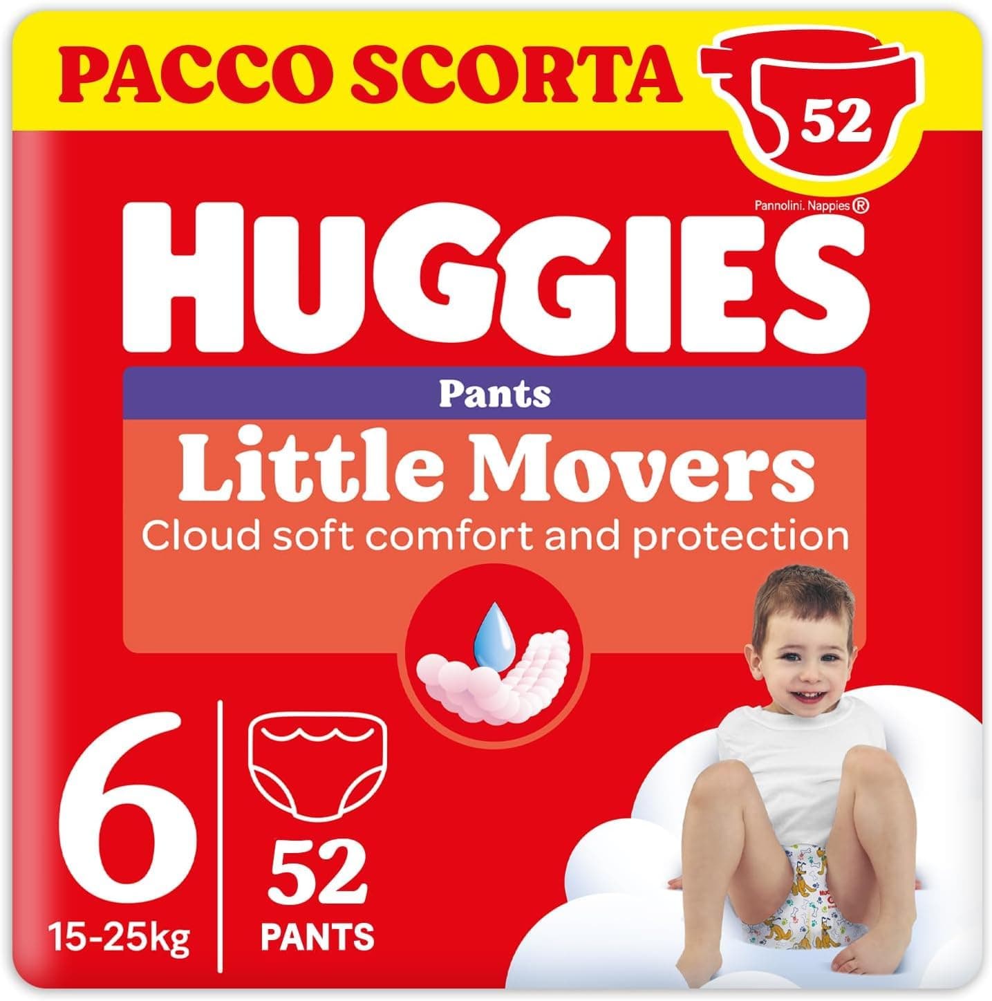 Huggies Little Movers Pannolini Mutandina Taglia 6 (15-25 Kg), Ultra assorbente, Protezione completa, 52 Pz