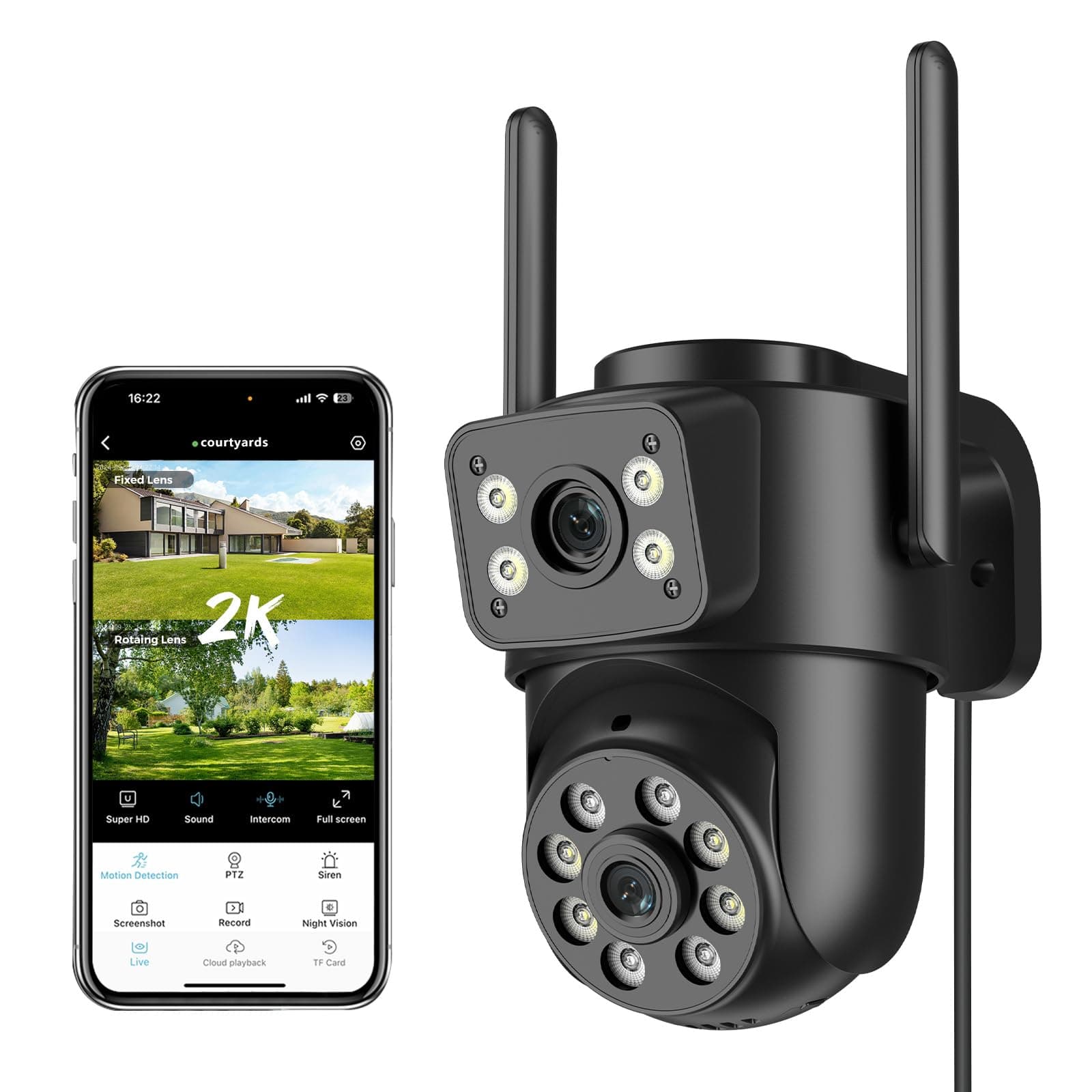 Reobiux 2K Telecamera Wi-Fi Esterno con Doppia Lente, 360° PTZ 2,4/5GHz Videocamera Sorveglianza Esterno, Colori Visione Notturna, Tracciamento Automatico del Movimento, Registrazione 24/7, IP66