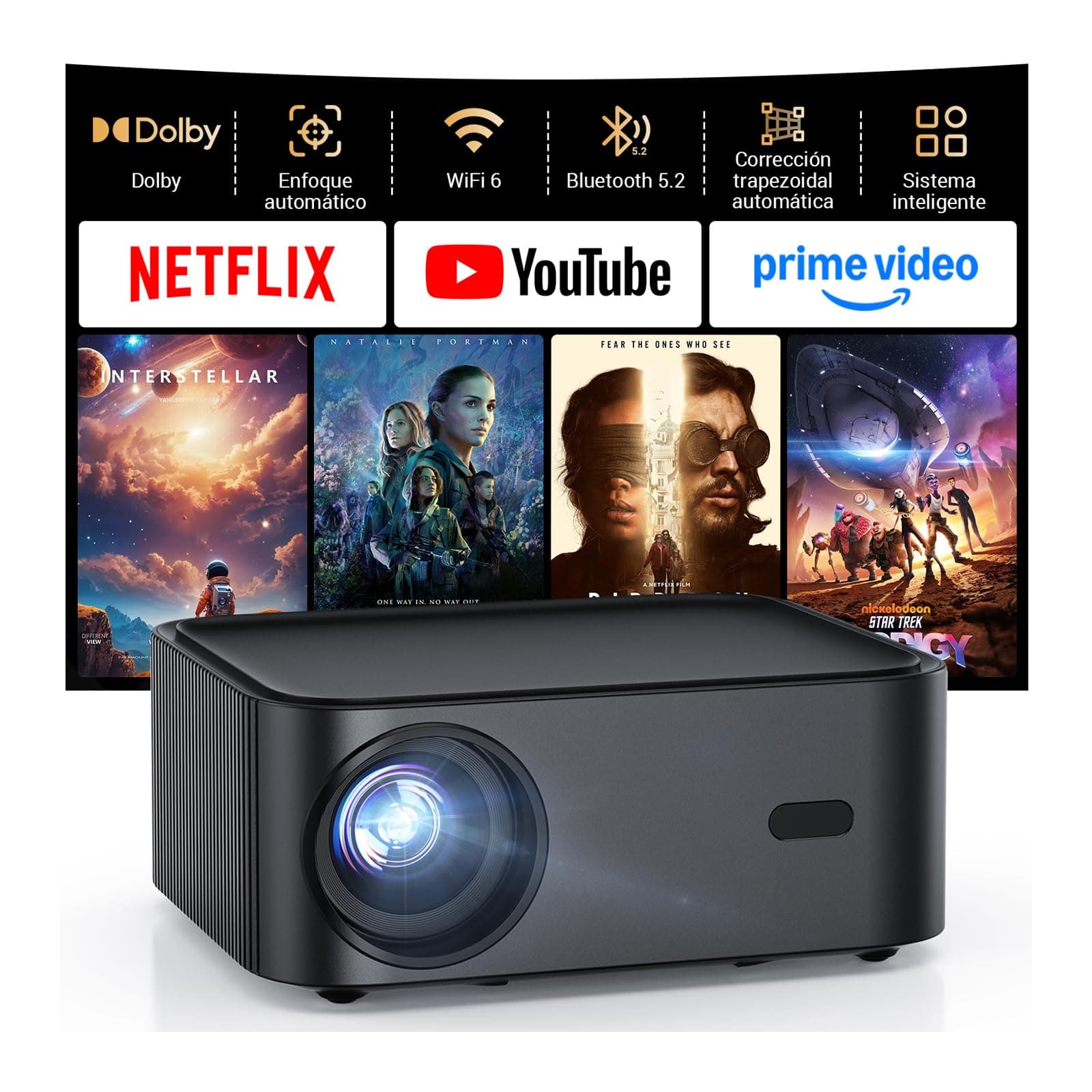 HAPPRUN H11 Proyector 4K, Compatible con Netflix,1000 ANSI/Dolby Audio,FHD 1080P Nativo, WiFi 6 Bluetooth 5.2, Mini Projector Portátil para Cine en Casa, Enfoque Automático Smart Proyectores