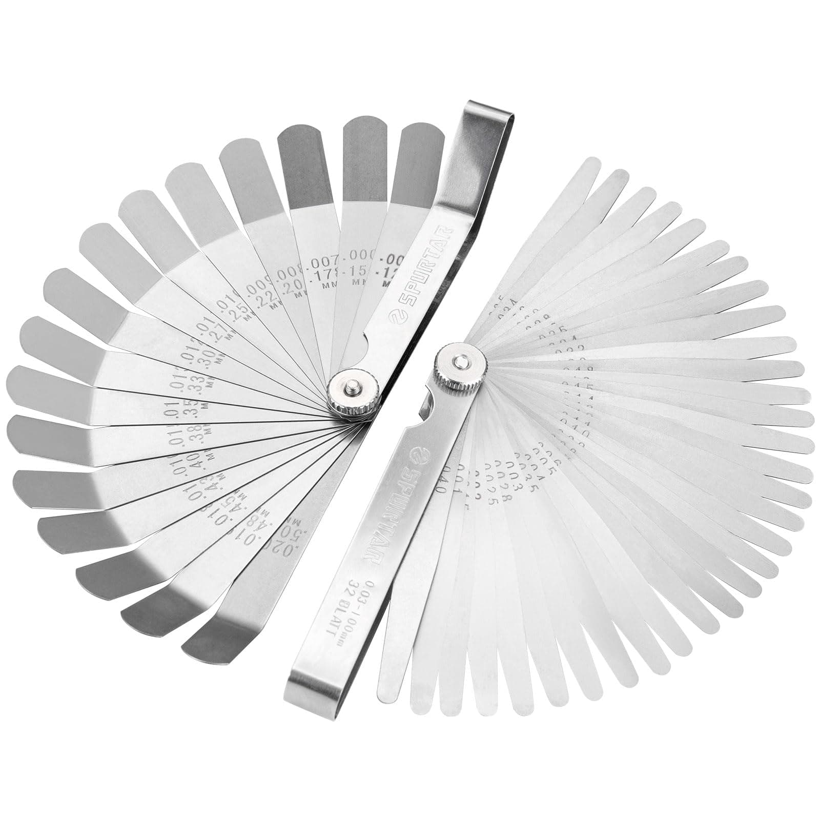 Spurtar Galgas de Espesores Colocar, 32 Cuchillas Cónicas y 16 Cuchillas Desplazadas, Calibrador de Espesores Sae y Métrico de Doble Marcado para Bujías, Válvulas, Pistones y Guitarras