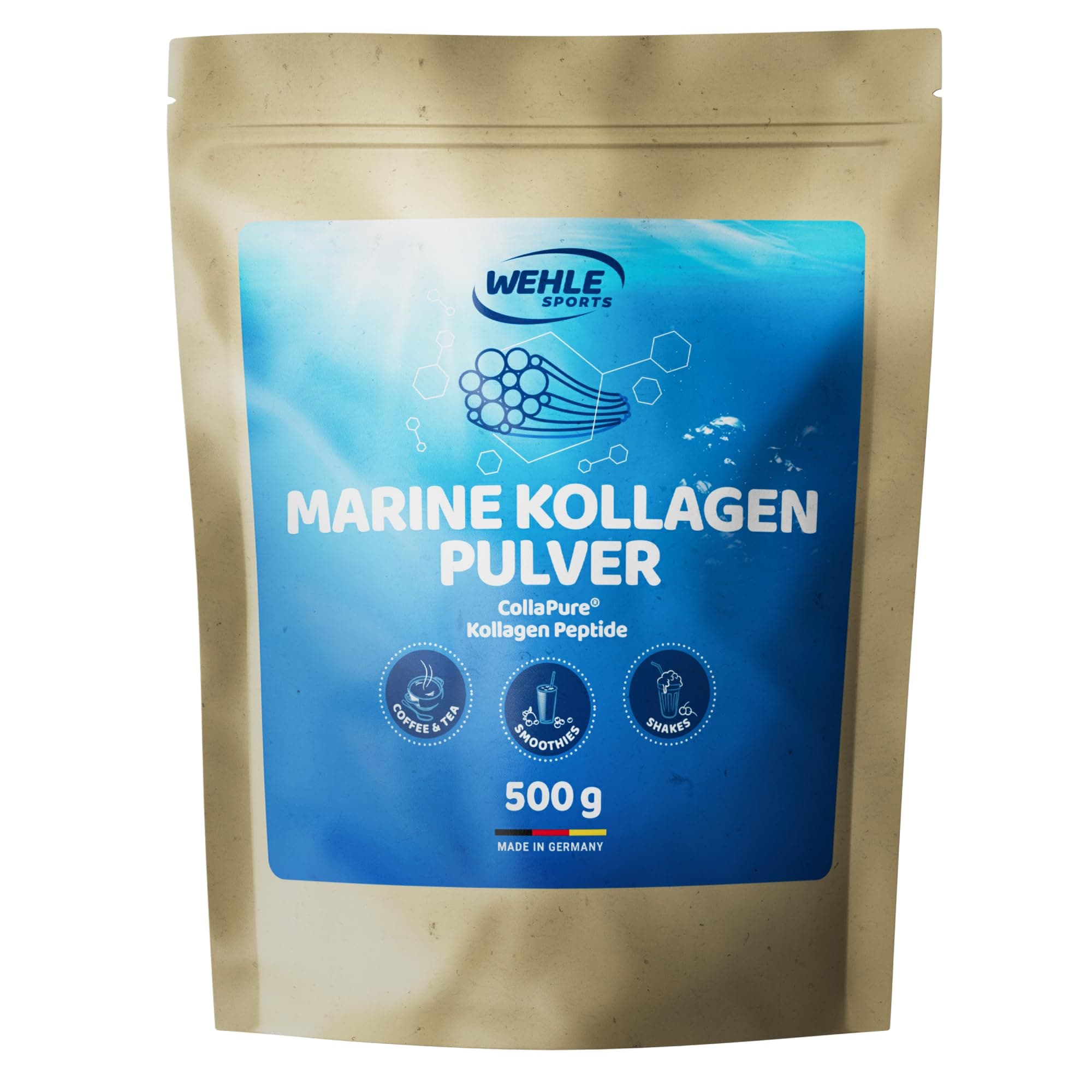 Marine Kollagen Pulver 500g - Collagen Hydrolysat Peptide - Markenrohstoff CollaPure® - Wehle Sports Fisch Kollagen - Neutral - Verpackung kann variieren