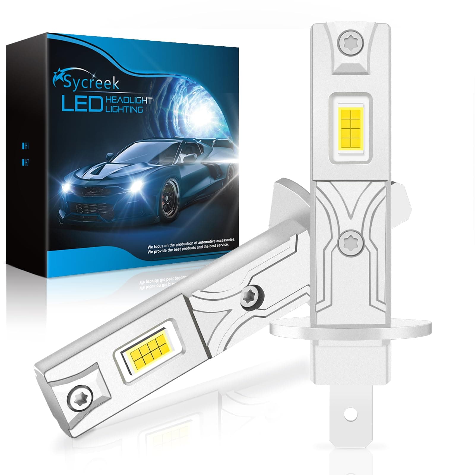 Sycreek Lampadine H1 LED,30000LM 6500K Bianco Freddo 12V Led H1 Lampade Faro per Auto e Moto 600% Luminosità 1:1 Mini Plug-n-Play