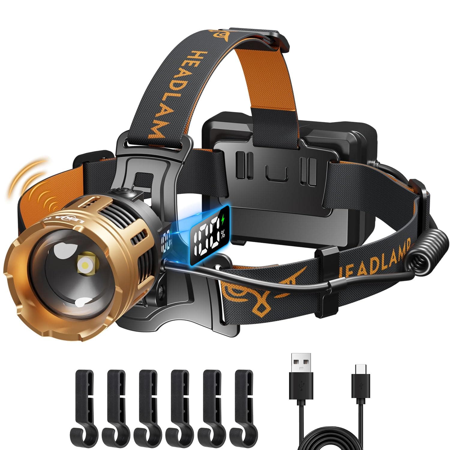 LEKIA Linterna Frontal Alta Potencia, LED Camping Linterna Cabeza Recargable 100000LM con Sensor de Movimiento, 7 Modos Frontal Pilas 9000mAh con Zoom, IPX67 Ajustable 90°para Camping Running