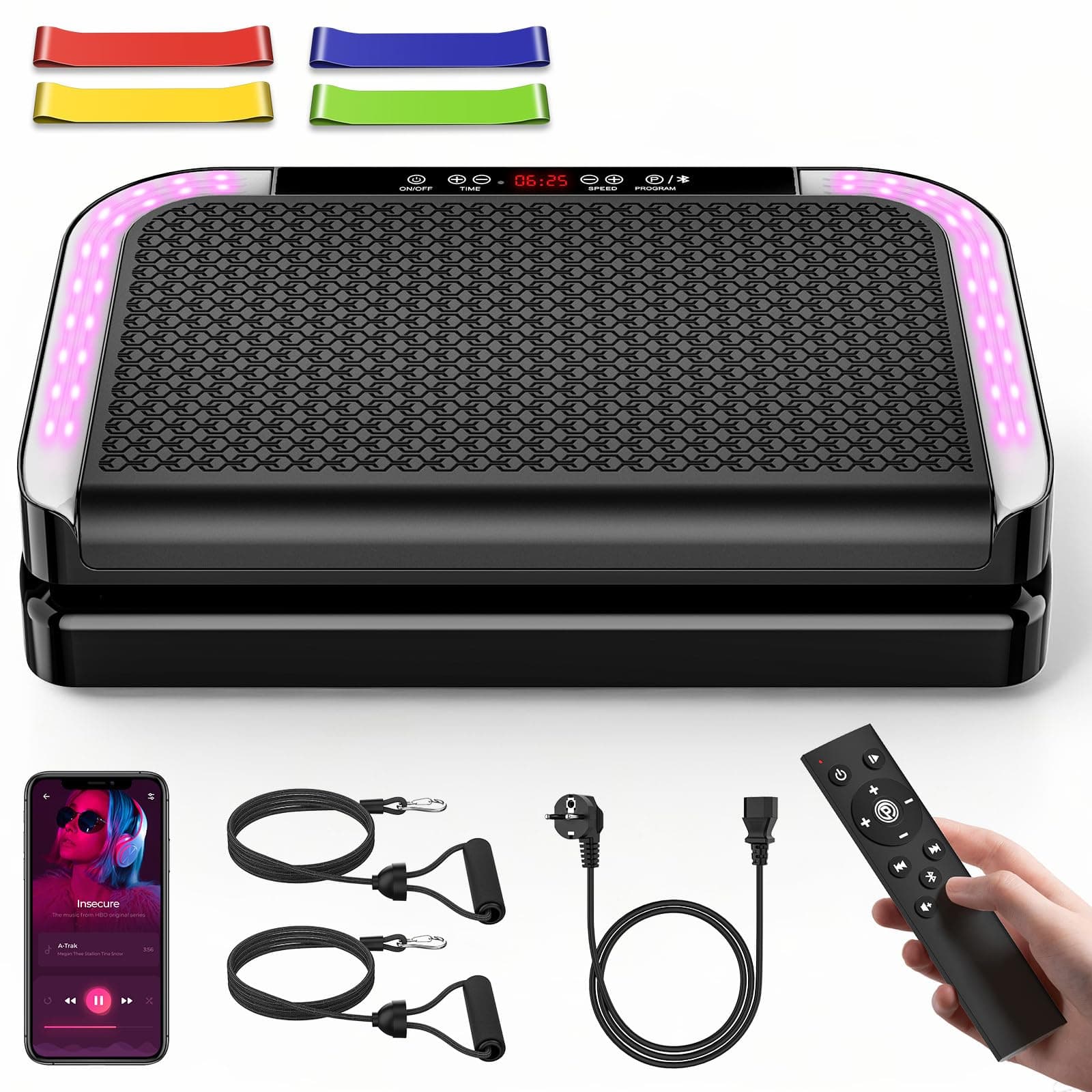 Plataforma Vibratoria, Plataforma Vibración Muscular con 9 Programas, 200 Niveles de Intensidad, Altavoz Bluetooth, Control Remoto, Bandas y Cuerdas de Resistencia, Pantalla LED, MAX Capacidad 200 KG