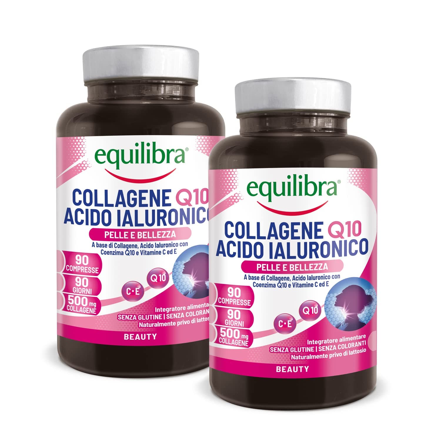 Equilibra Integratori Alimentari, Collagene Q10 Acido Ialuronico, Benessere e Bellezza della Pelle, con Collagene Idrolizzato, Acido Ialuronico, Coenzima Q10, Vitamine C ed E, 2 Pezzi da 90 Compresse