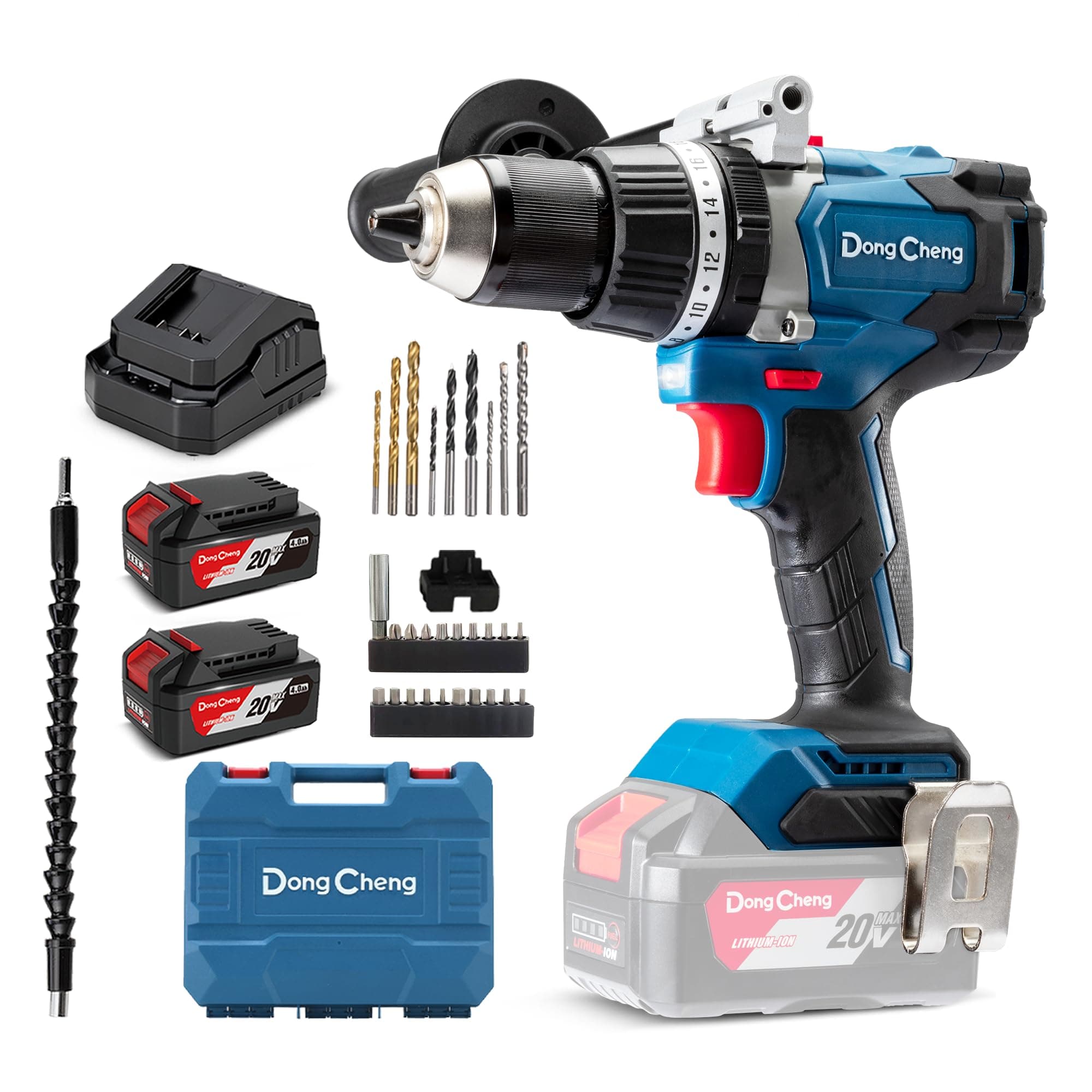 Dong Cheng Taladro percutor a batería 18V 120Nm, taladro atornillador batería con 2x 4,0Ah, 24+3 niveles de par, portabrocas de 13 mm, 2 velocidades, para taladrar, atornillar y perforar con percusión