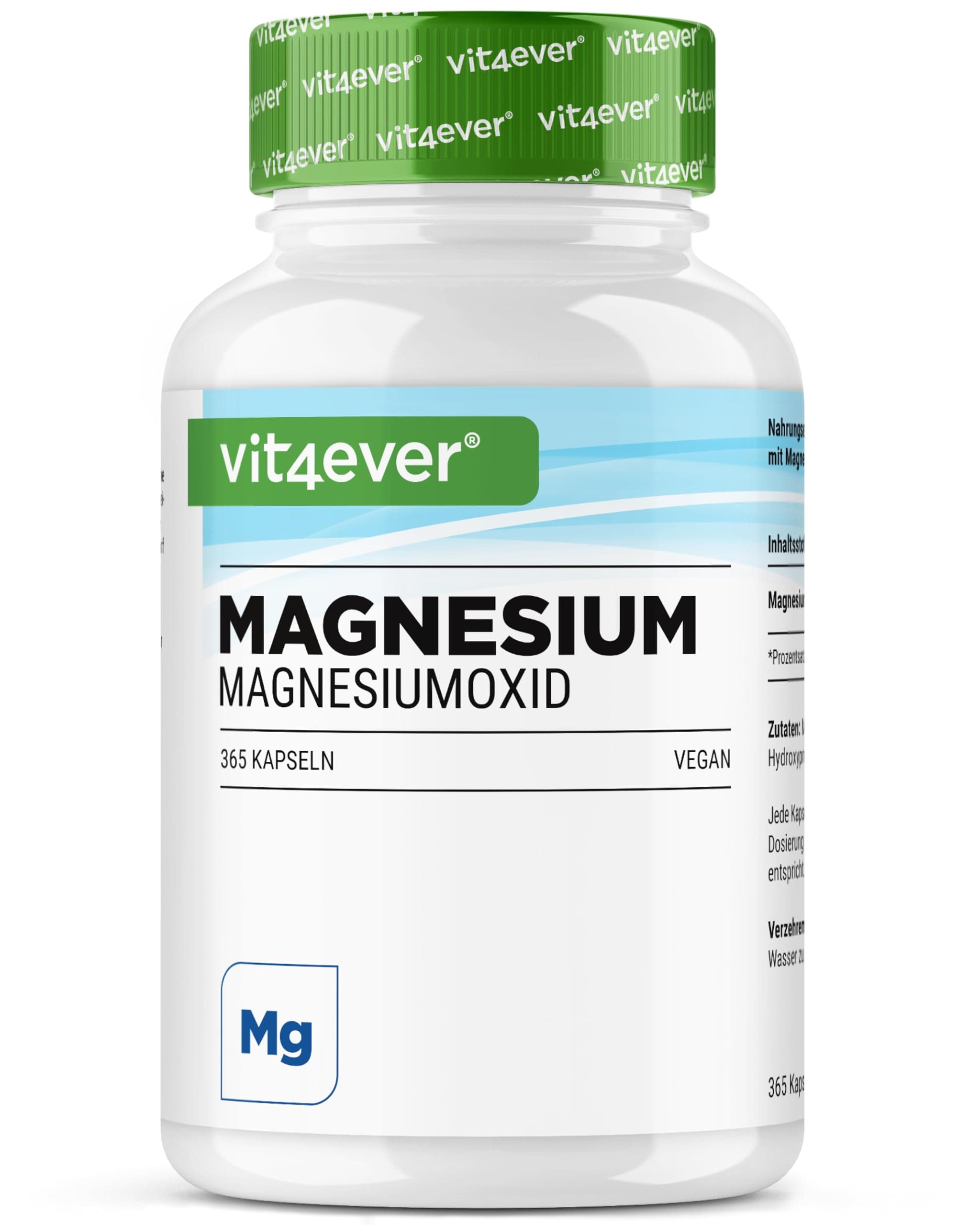 Magnesium hochdosiert - 365 Kapseln (Jahresvorrat) - 667 mg, davon 400 mg reines Magnesium pro Tagesdosis aus Magnesiumoxid - ohne unnötige Zusätze